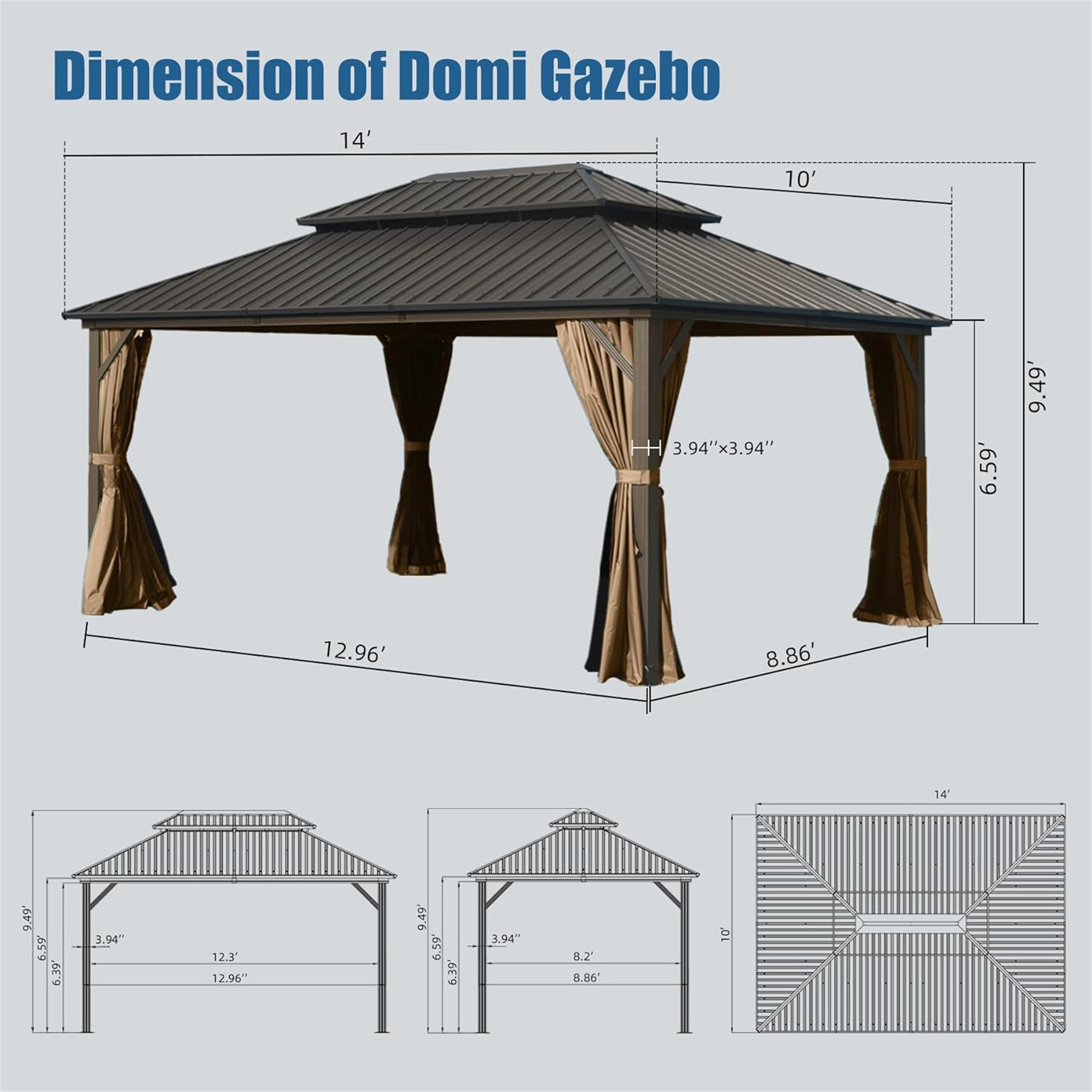 10' X 14' Outdoor Hardtop Gazebo, Aluminum Metal Galvanized Steel Double Roof Gazebo with Curtain and Netting for Party, Wedding, Outdoor Dining, Brown