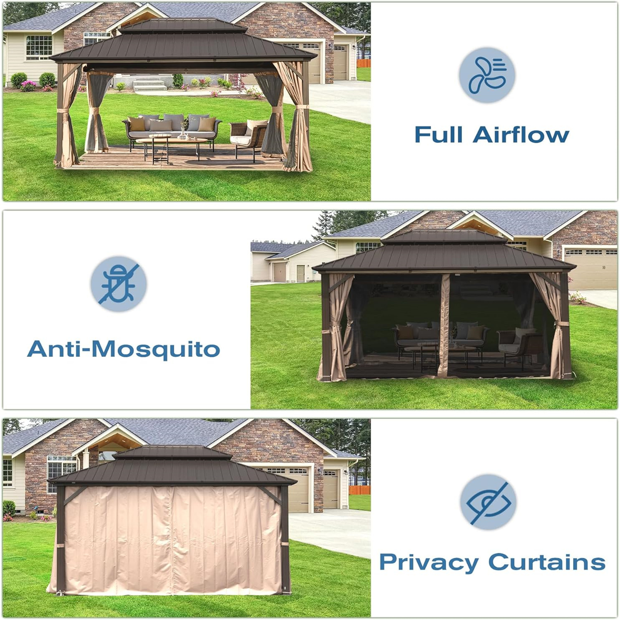 12' x 16' Aluminum Hardtop Outdoor Gazebo with Galvanized Steel Double Roof, Curtain, and Netting for Patio Parties, Wedding, Outdoor Dining