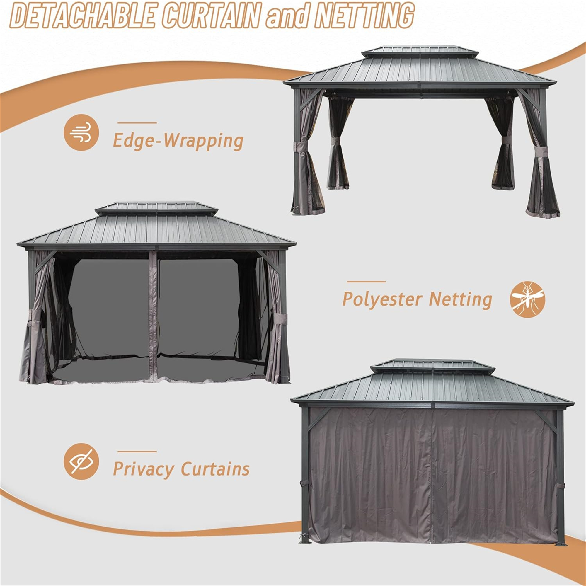12' x 16' Aluminum Hardtop Outdoor Gazebo with Galvanized Steel Double Roof, Curtain, and Netting for Patio Parties, Wedding, Outdoor Dining