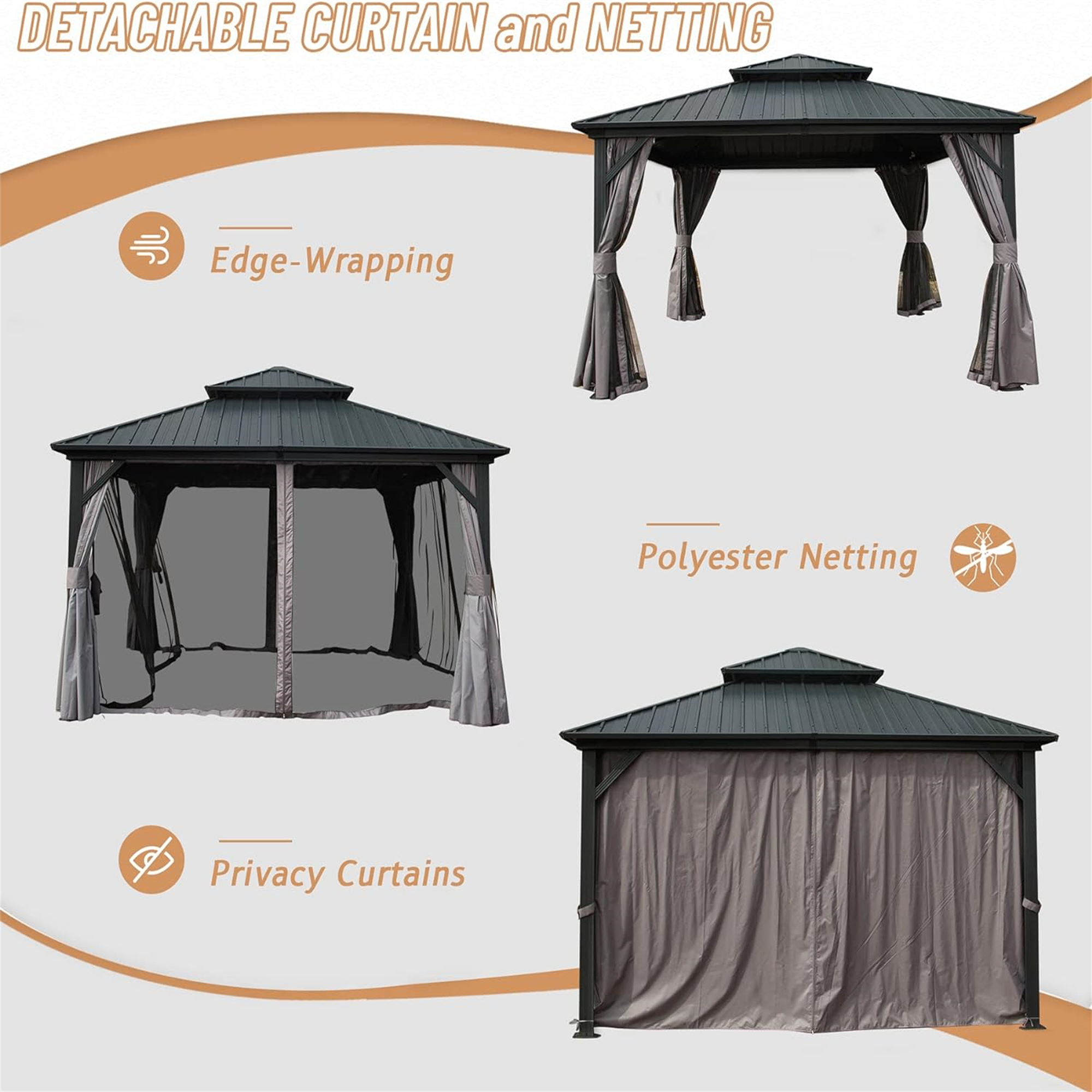 Outdoor Hardtop Gazebo Aluminum Frame Permanent Galvanized Steel Double Roof Canopy with Curtain and Netting Parties, Wedding, Outdoor Dining