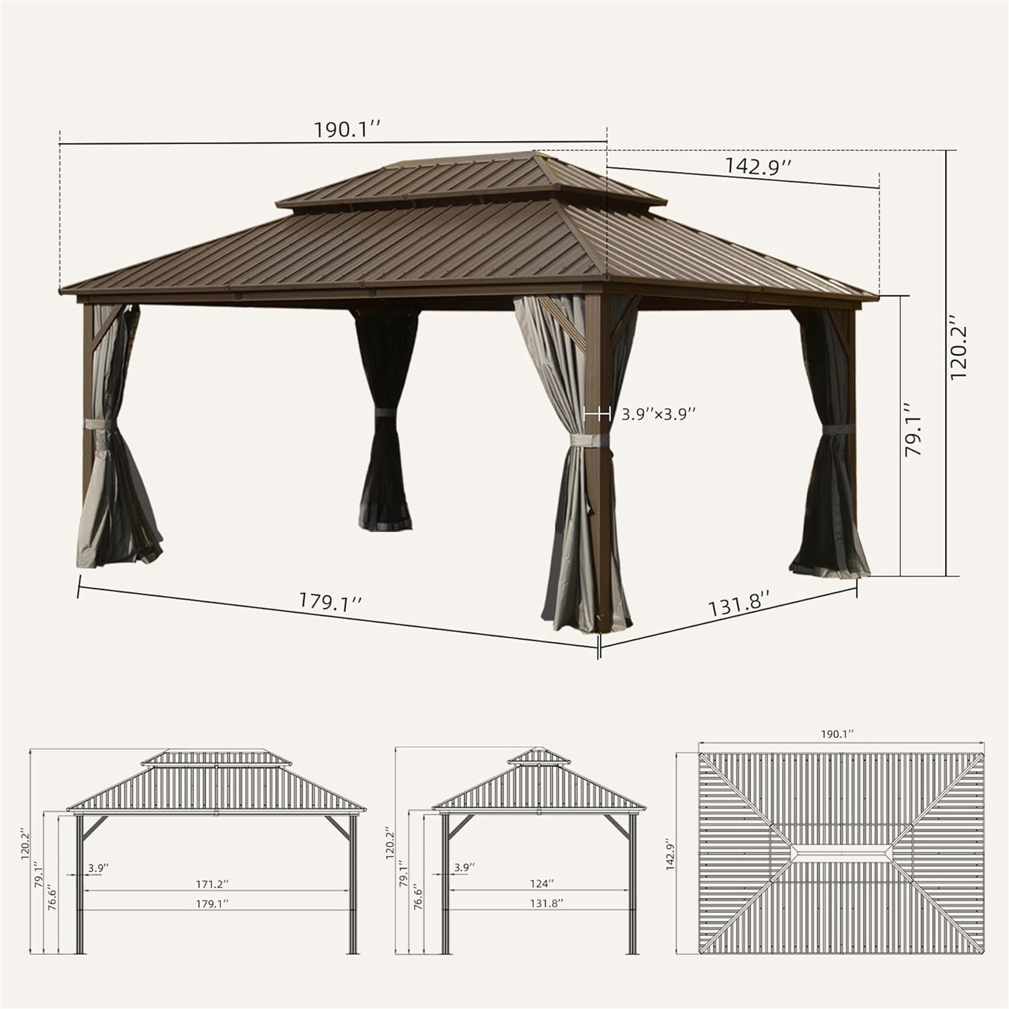 12' x 16' Aluminum Hardtop Outdoor Gazebo with Galvanized Steel Double Roof, Curtain, and Netting for Patio Parties, Wedding, Outdoor Dining