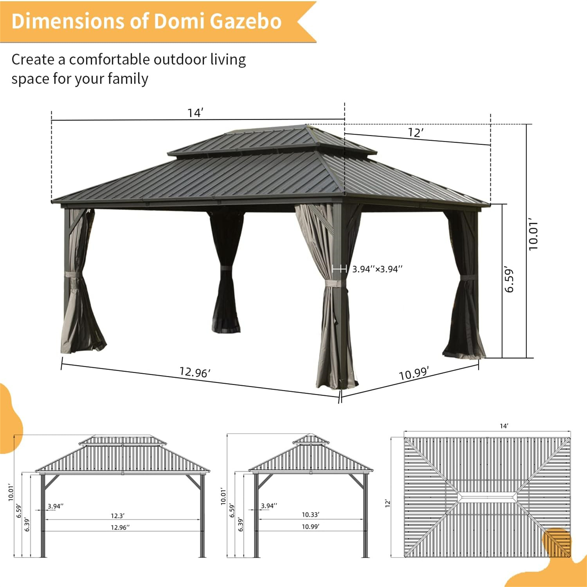 12’ X 14’ Outdoor Hardtop Gazebo with Netting & Curtains, Outdoor Aluminum Pavilion with Galvanized Steel Double Roof for Patio Lawn and Garden, Gray