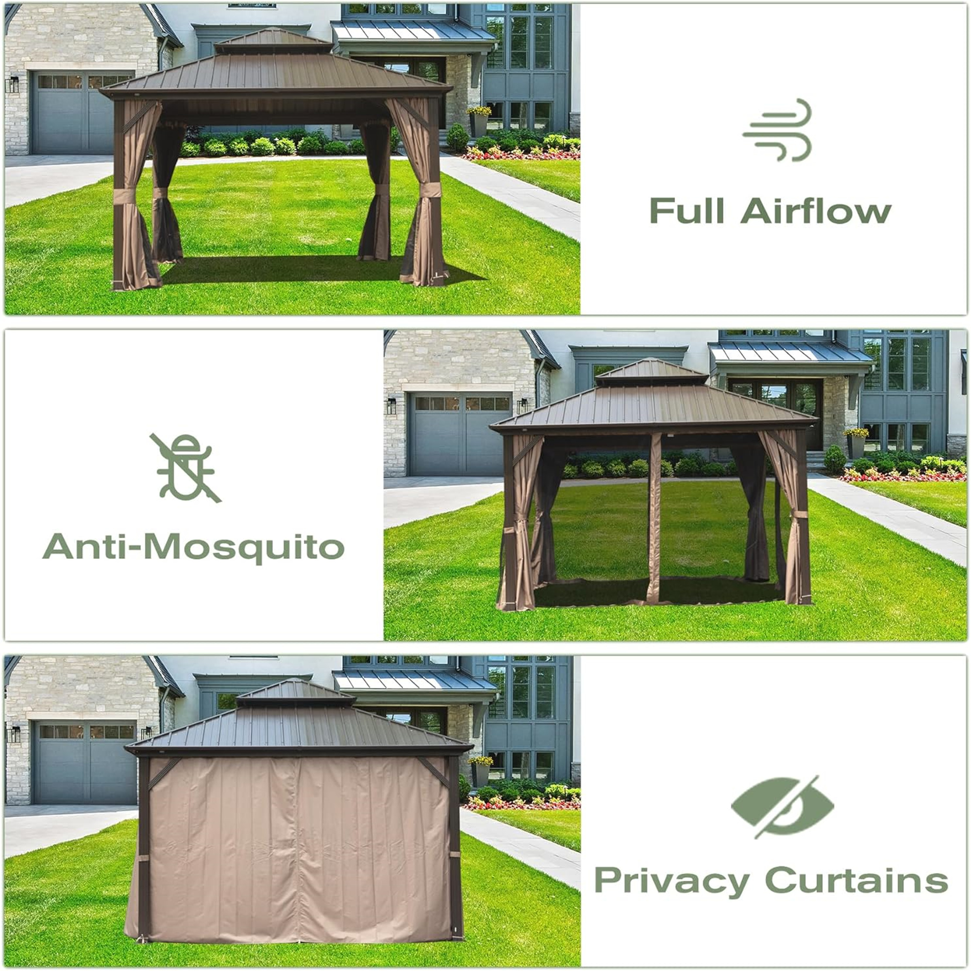 12’ X 14’ Outdoor Hardtop Gazebo with Netting & Curtains, Outdoor Aluminum Pavilion with Galvanized Steel Double Roof for Patio Lawn and Garden, Gray
