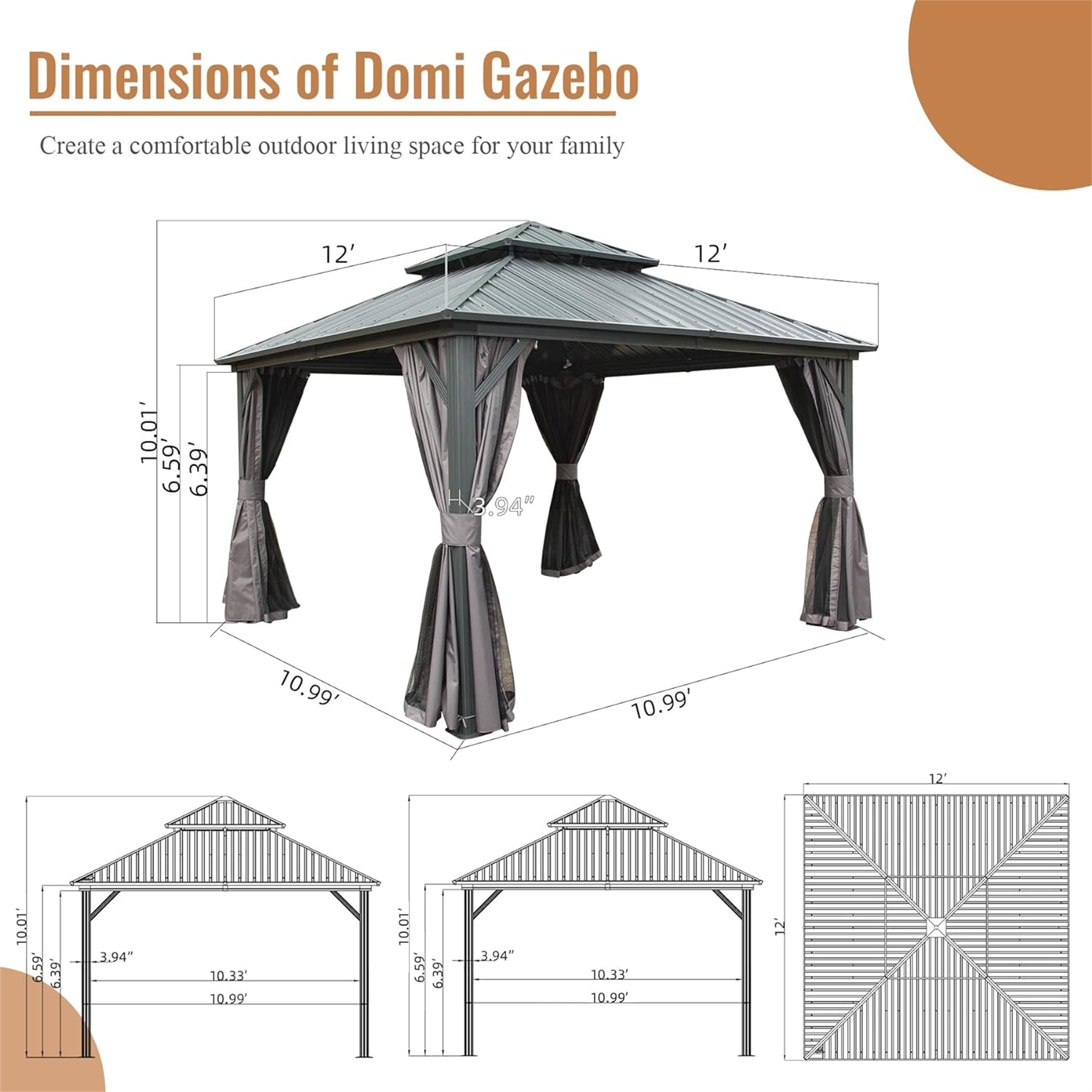 Outdoor Hardtop Gazebo Aluminum Frame Permanent Galvanized Steel Double Roof Canopy with Curtain and Netting Parties, Wedding, Outdoor Dining