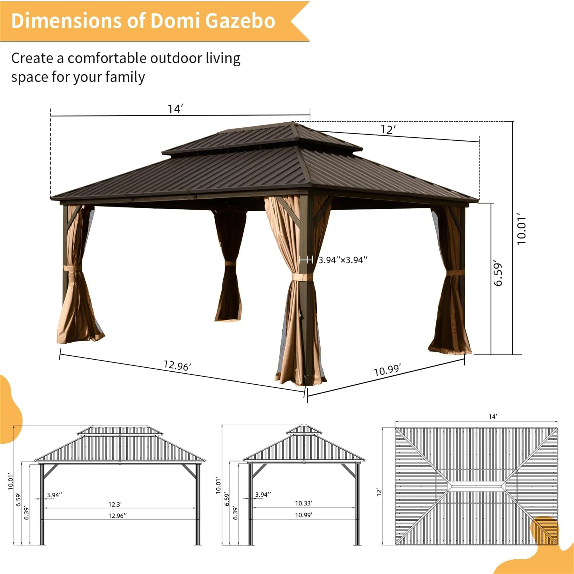 12’ X 14’ Outdoor Hardtop Gazebo with Netting & Curtains, Outdoor Aluminum Pavilion with Galvanized Steel Double Roof for Patio Lawn and Garden, Gray