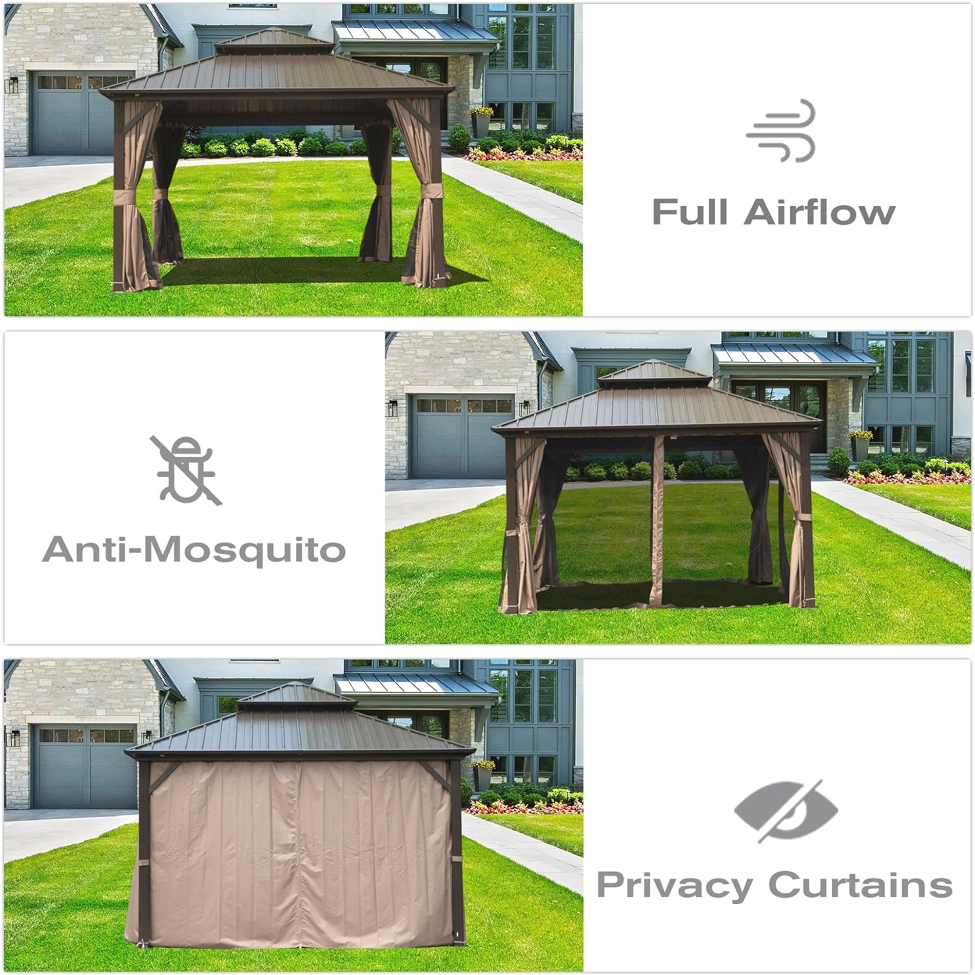 Outdoor Hardtop Gazebo Aluminum Frame Permanent Galvanized Steel Double Roof Canopy with Curtain and Netting Parties, Wedding, Outdoor Dining