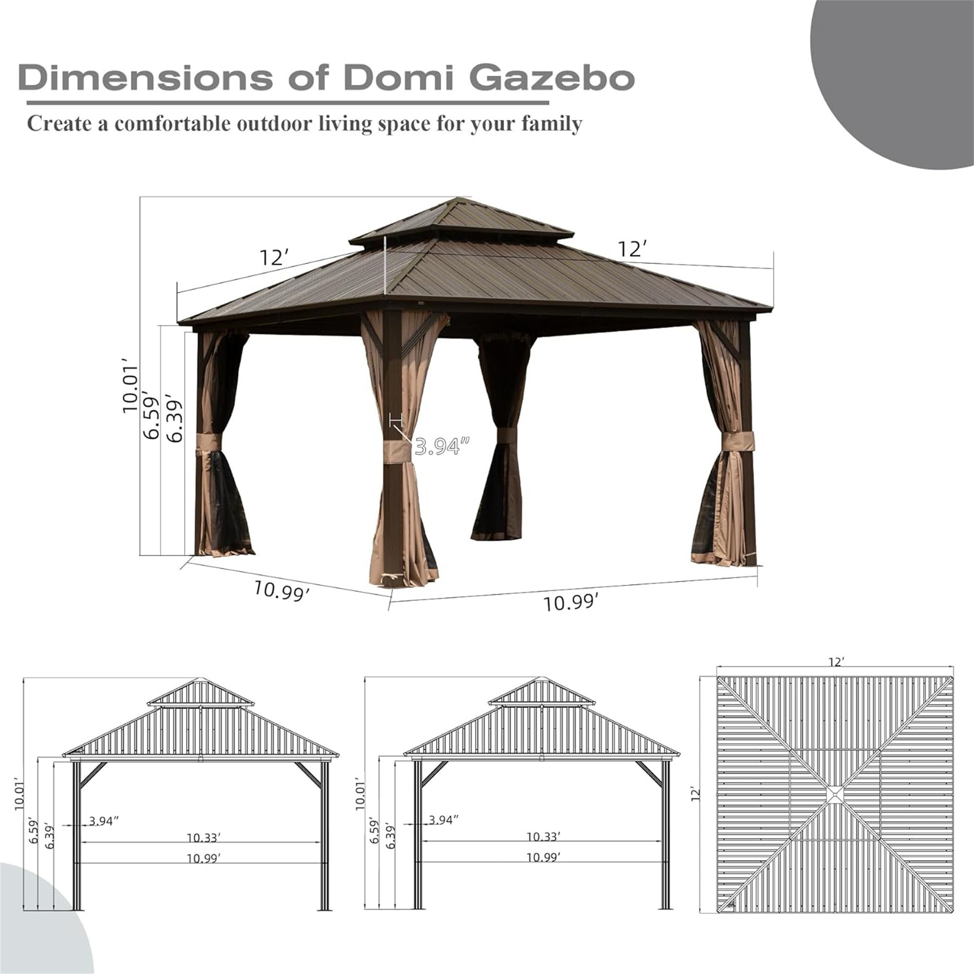 12' X 12' Outdoor Gazebo, Hardtop Aluminum Metal Gazebo with Galvanized Steel Double Roof Canopy, Curtain and Netting for Patio, Backyard, Deck, Lawn