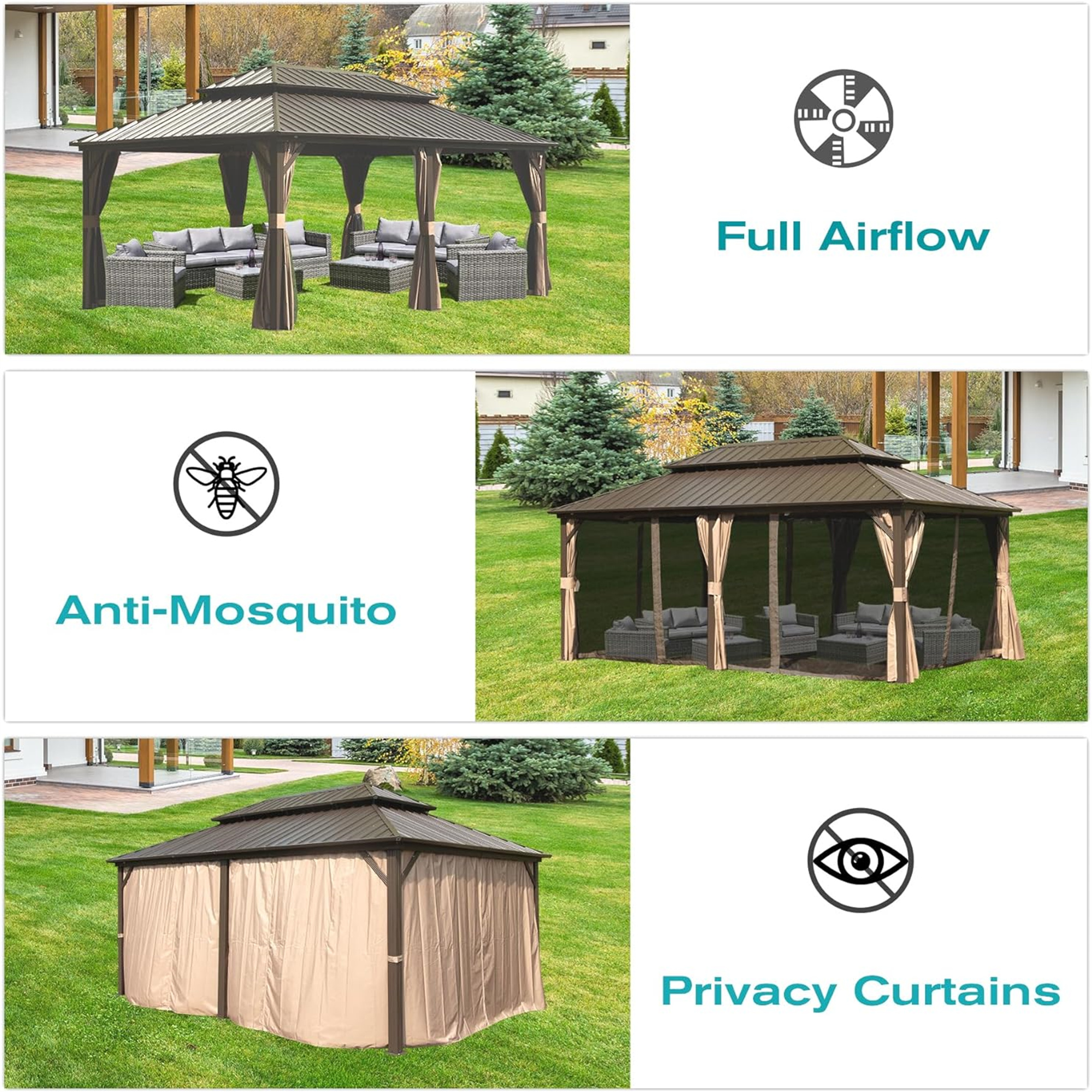 12' X 18' Aluminum Outdoor Hardtop Gazebo with Curtain & Netting Permanent Galvanized Steel Double Roof Pavilion for Patio Wedding, Backyard Dining Space, Deck, Lawn