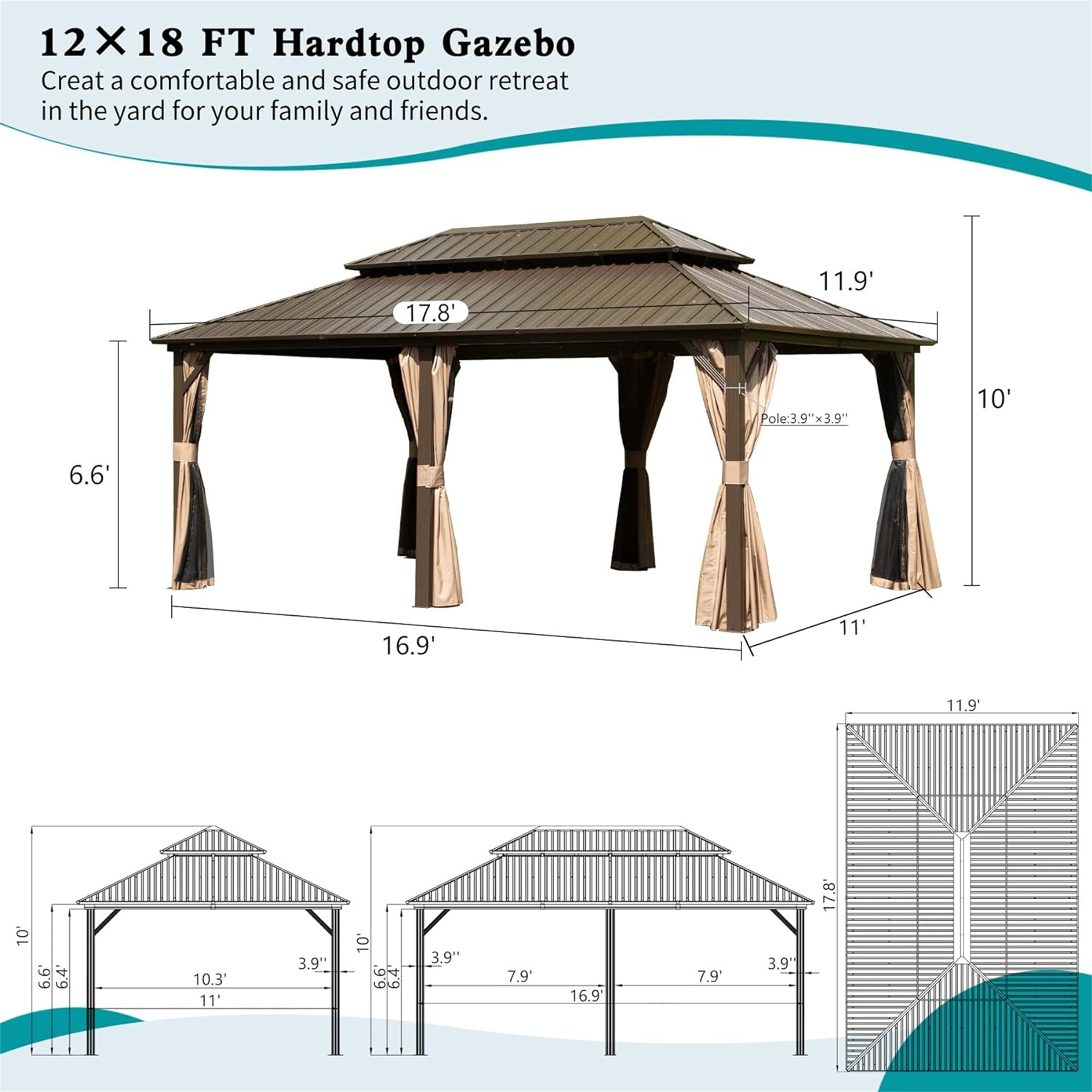 12' X 18' Aluminum Outdoor Hardtop Gazebo with Curtain & Netting Permanent Galvanized Steel Double Roof Pavilion for Patio Wedding, Backyard Dining Space, Deck, Lawn