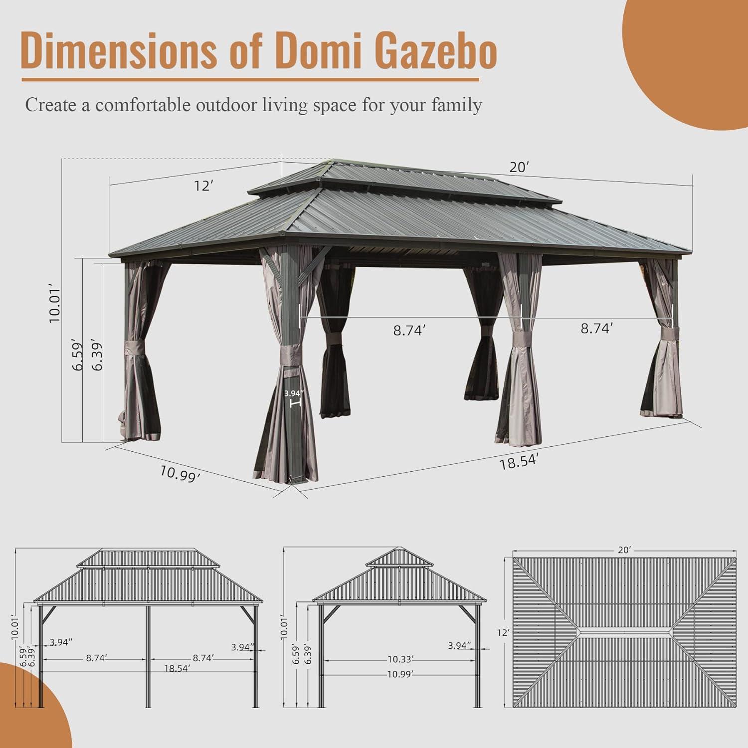 12' X 20' Outdoor Hardtop Gazebo with Curtain and Netting Aluminum Frame Galvanized Steel Double Roof Permanent Gazebo Pavilion for Patio, Backyard, Deck, Lawn