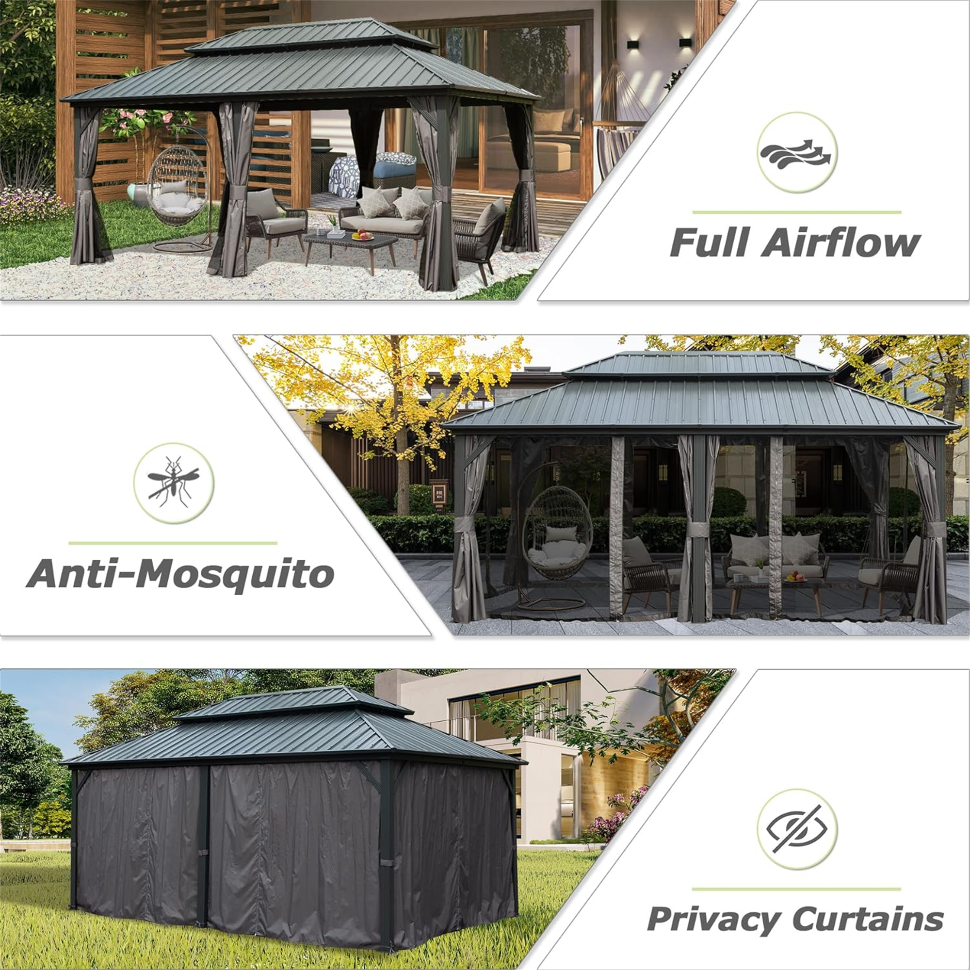 12' X 18' Aluminum Outdoor Hardtop Gazebo with Curtain & Netting Permanent Galvanized Steel Double Roof Pavilion for Patio Wedding, Backyard Dining Space, Deck, Lawn