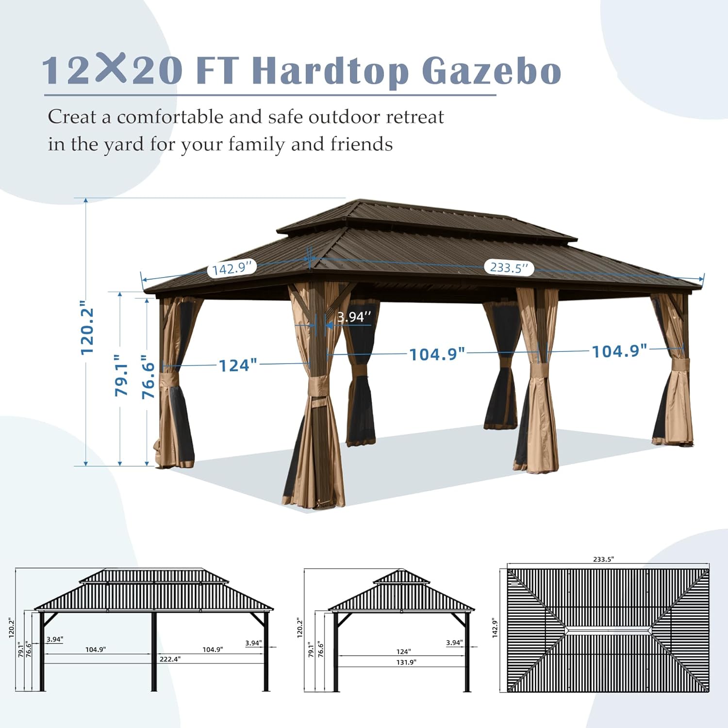 12' X 20' Outdoor Hardtop Gazebo with Curtain and Netting Aluminum Frame Galvanized Steel Double Roof Permanent Gazebo Pavilion for Patio, Backyard, Deck, Lawn