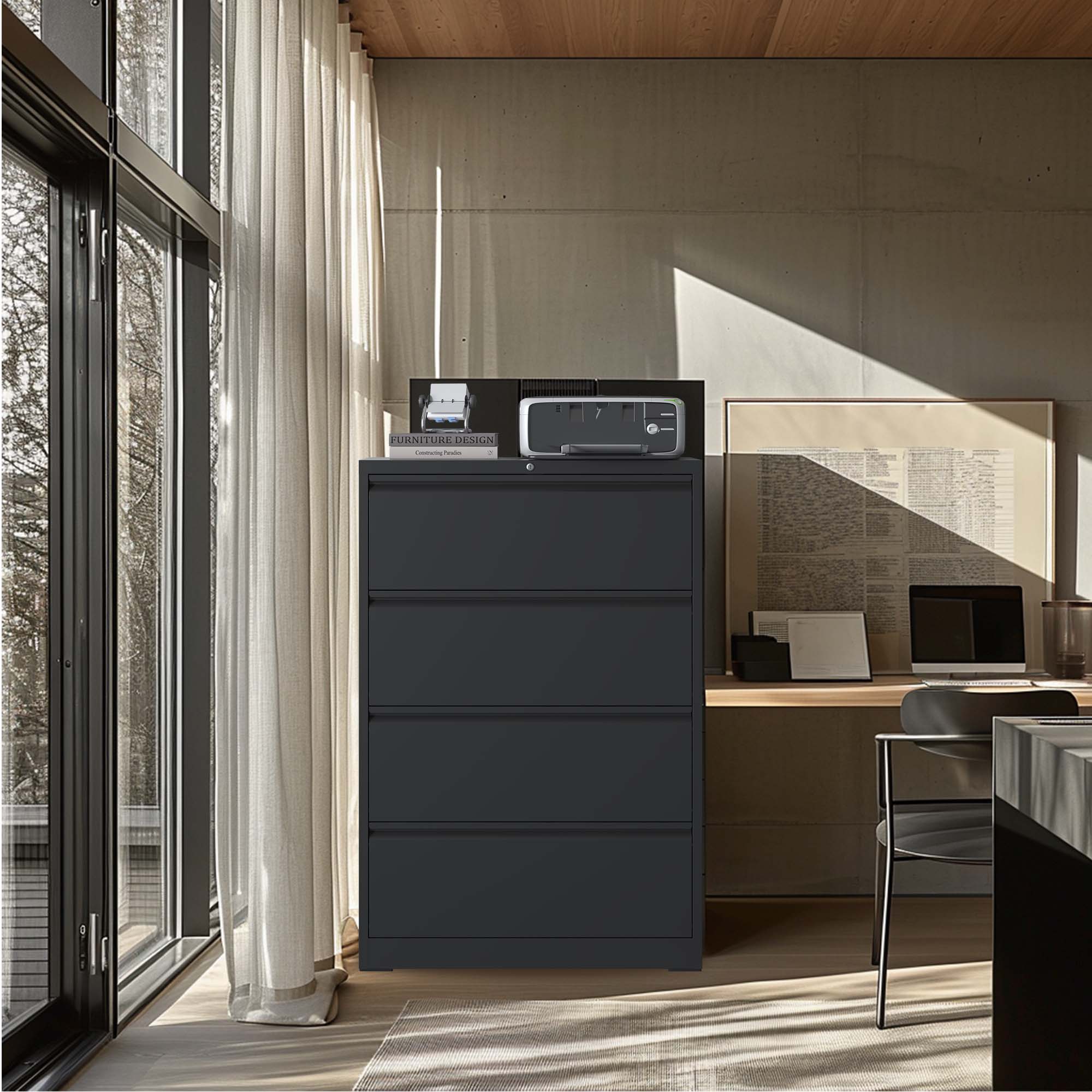 Lateral File Cabinet 4 Drawer, Black/White Filing Cabinet with Lock, Lockable File Cabinet for Home Office, Locking Metal File Cabinet for Legal/Letter/A4/F4 Size