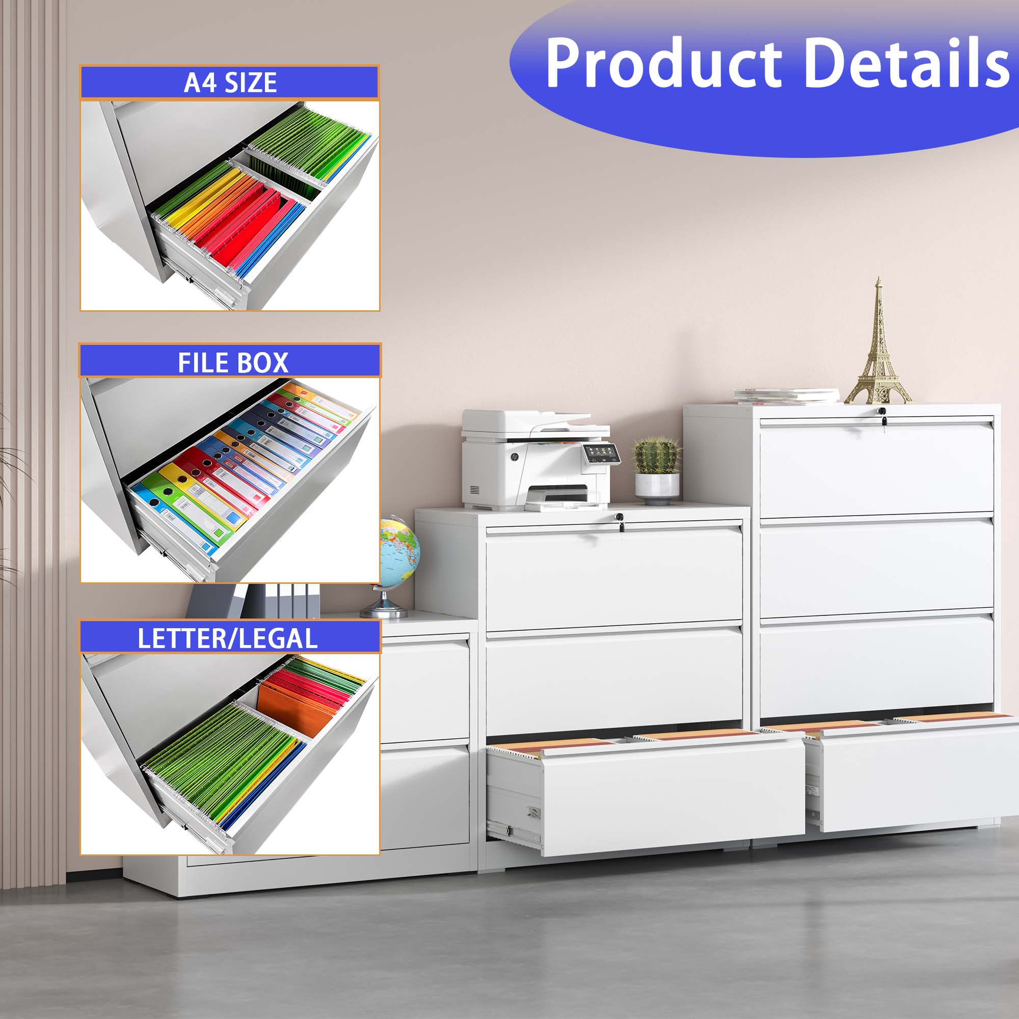 STANI 3-Drawer Lateral Filing Cabinet With Lock – For Letter/Legal/F4/A4, Powder Coated Metal