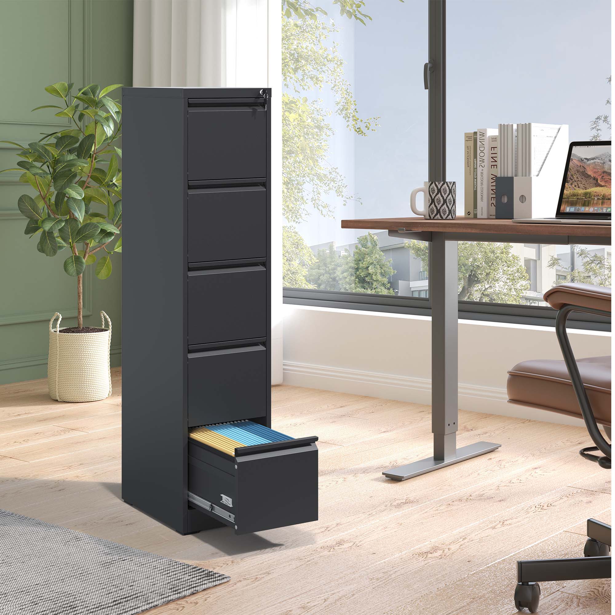 5 Drawer Metal Vertical File Cabinet with Lock Office Home Steel Vertical File Cabinet for A4 Legal/Letter Size 
