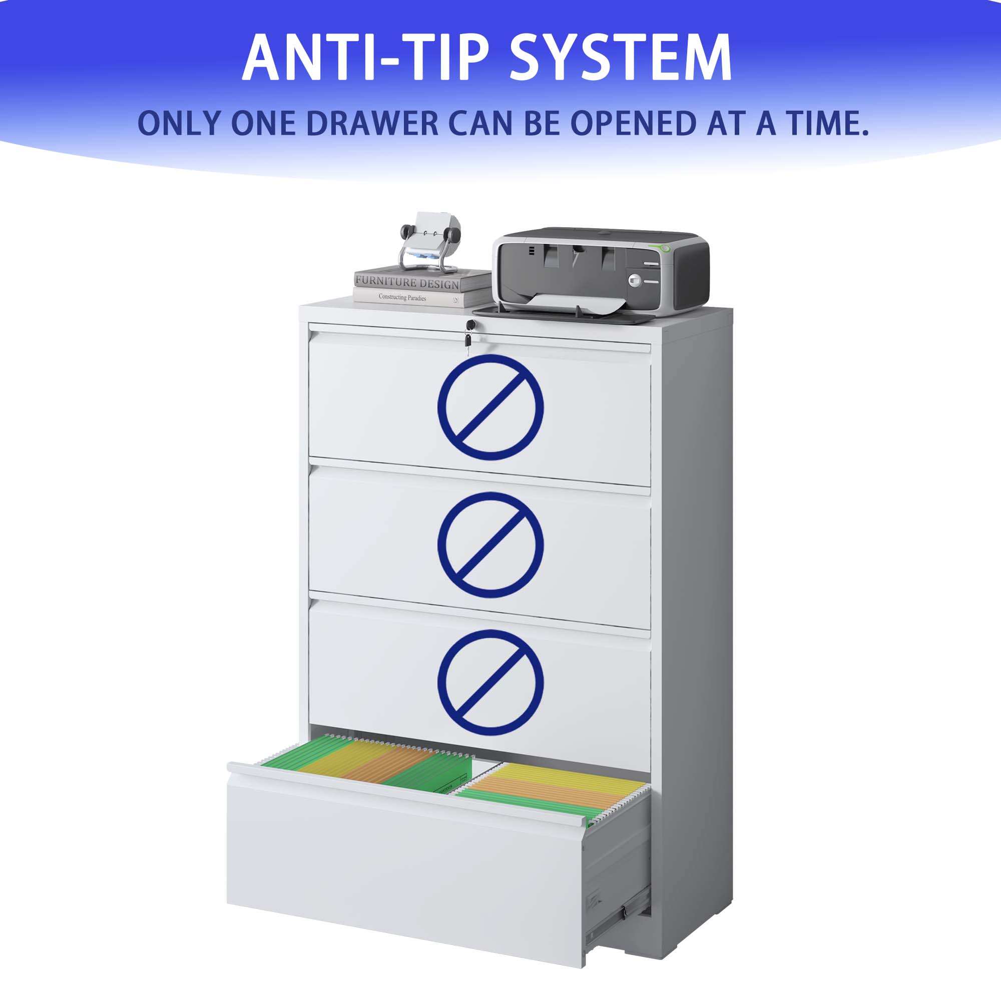 Lateral File Cabinet 4 Drawer, Black/White Filing Cabinet with Lock, Lockable File Cabinet for Home Office, Locking Metal File Cabinet for Legal/Letter/A4/F4 Size