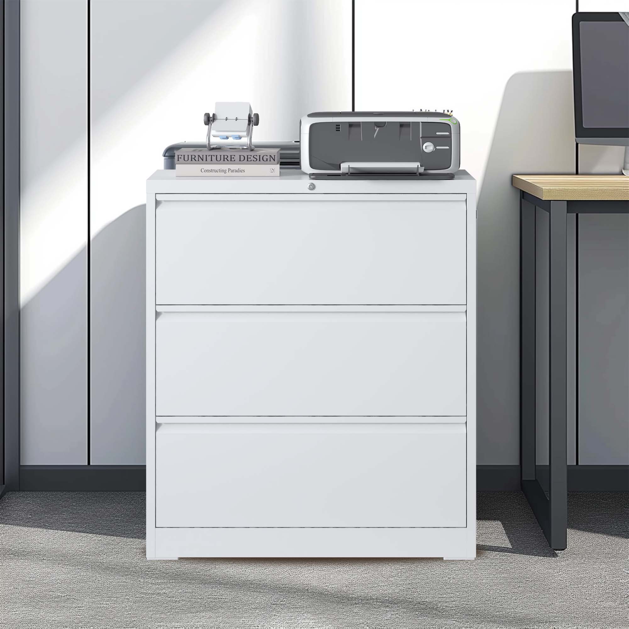Lateral File Cabinet 3 Drawer, White Filing Cabinet with Lock, Lockable File Cabinet for Home Office, Locking Metal File Cabinet for Legal/Letter/A4/F4 Size