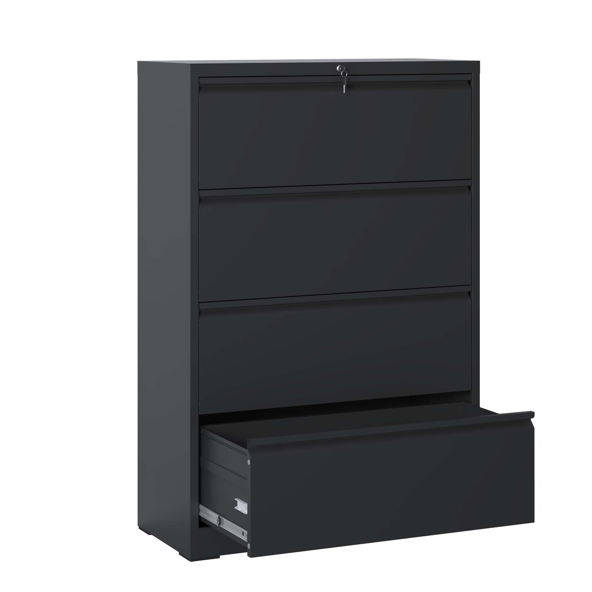 Lateral File Cabinet 4 Drawer, Black Filing Cabinet with Lock, Lockable File Cabinet, Locking Metal File Cabinet, image size:2000x2000