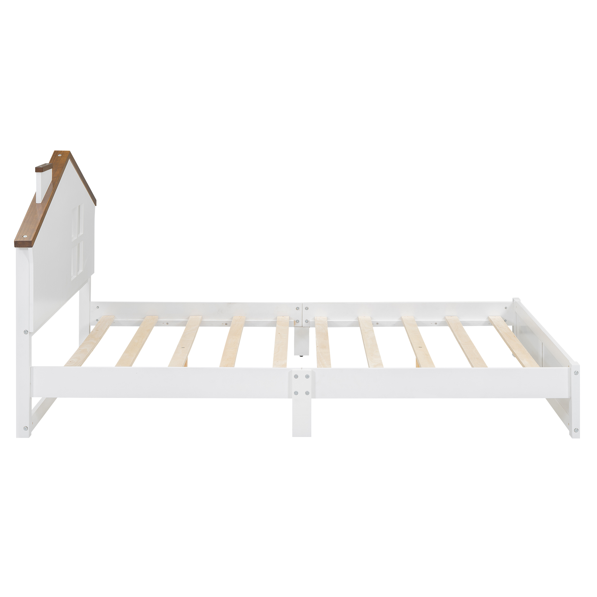 Full/Twin Size Wood Platform Bed with House-shaped Headboard and Built-in LED, Walnut+Milk White/Walnut+White 