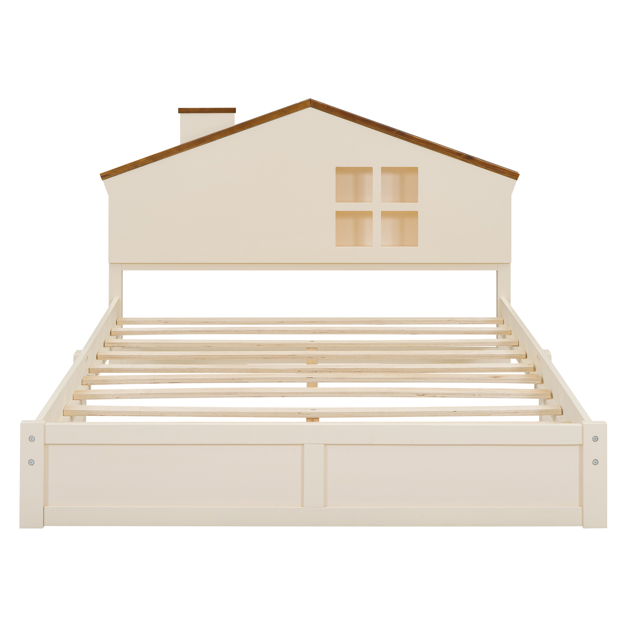 Full/Twin Size Wood Platform Bed with House-shaped Headboard and Built-in LED, Walnut+Milk White/Walnut+White 