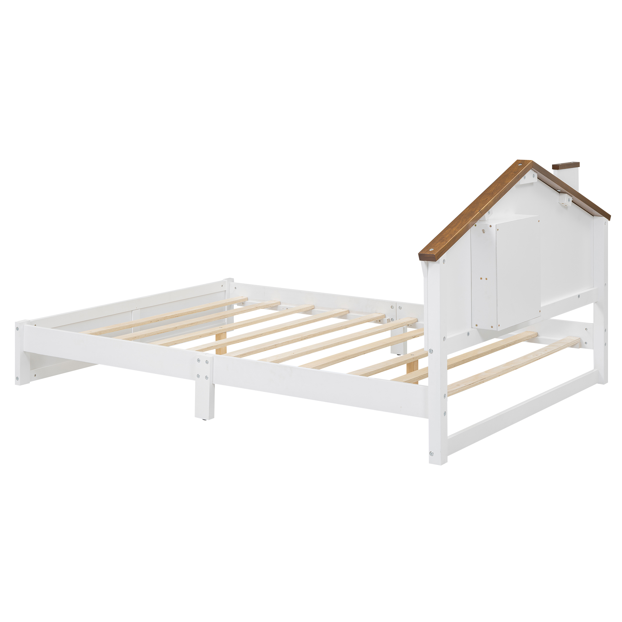 Full/Twin Size Wood Platform Bed with House-shaped Headboard and Built-in LED, Walnut+Milk White/Walnut+White 