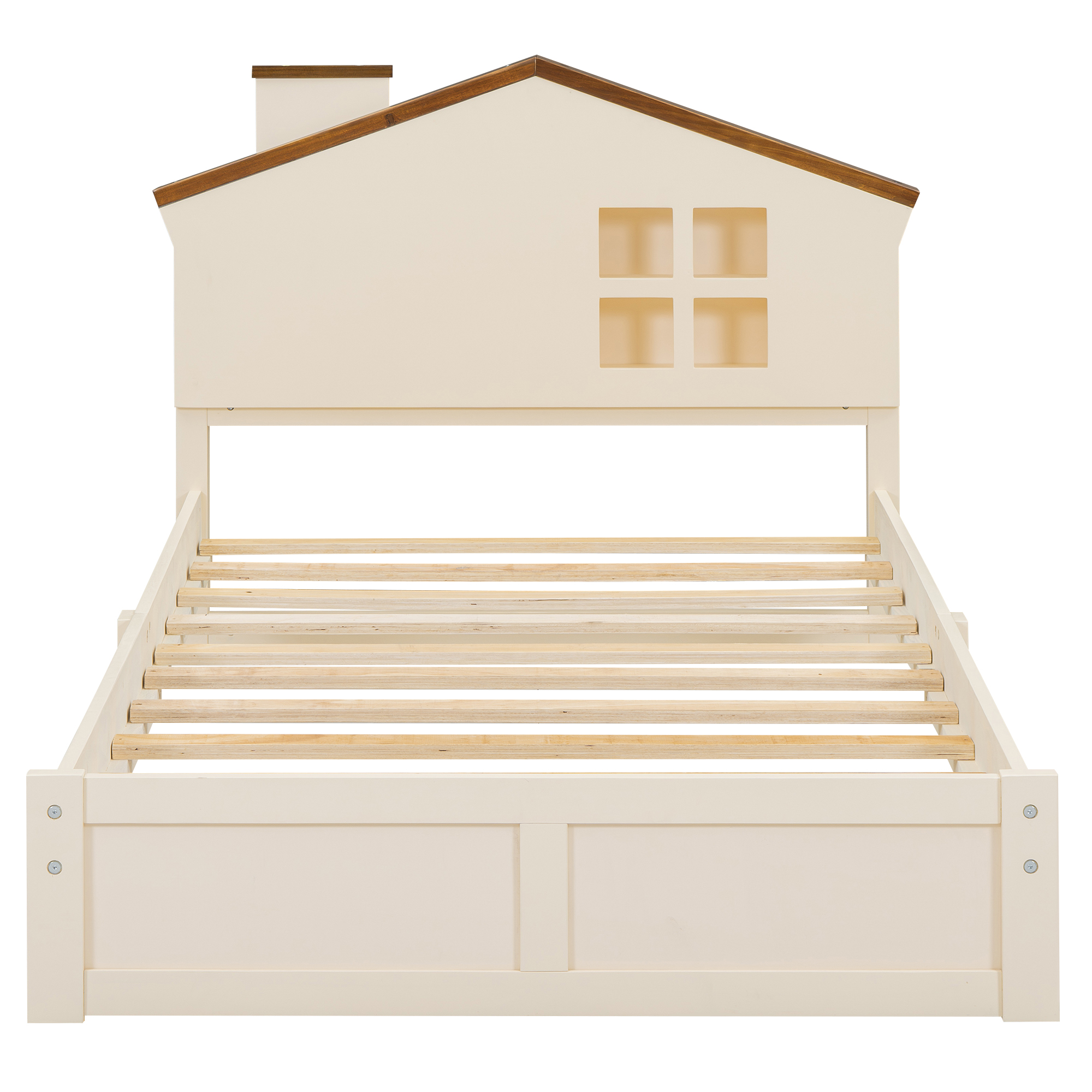 Full/Twin Size Wood Platform Bed with House-shaped Headboard and Built-in LED, Walnut+Milk White/Walnut+White 