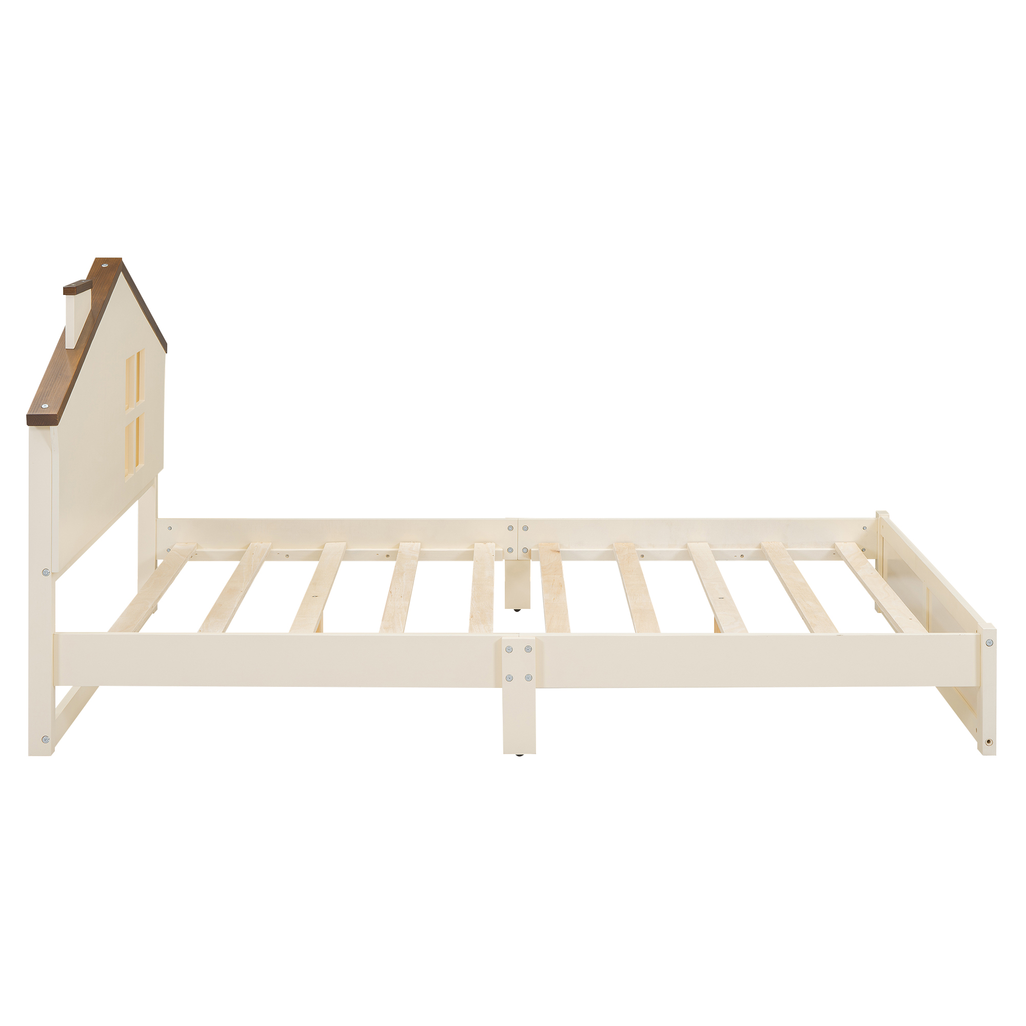 Full/Twin Size Wood Platform Bed with House-shaped Headboard and Built-in LED, Walnut+Milk White/Walnut+White 