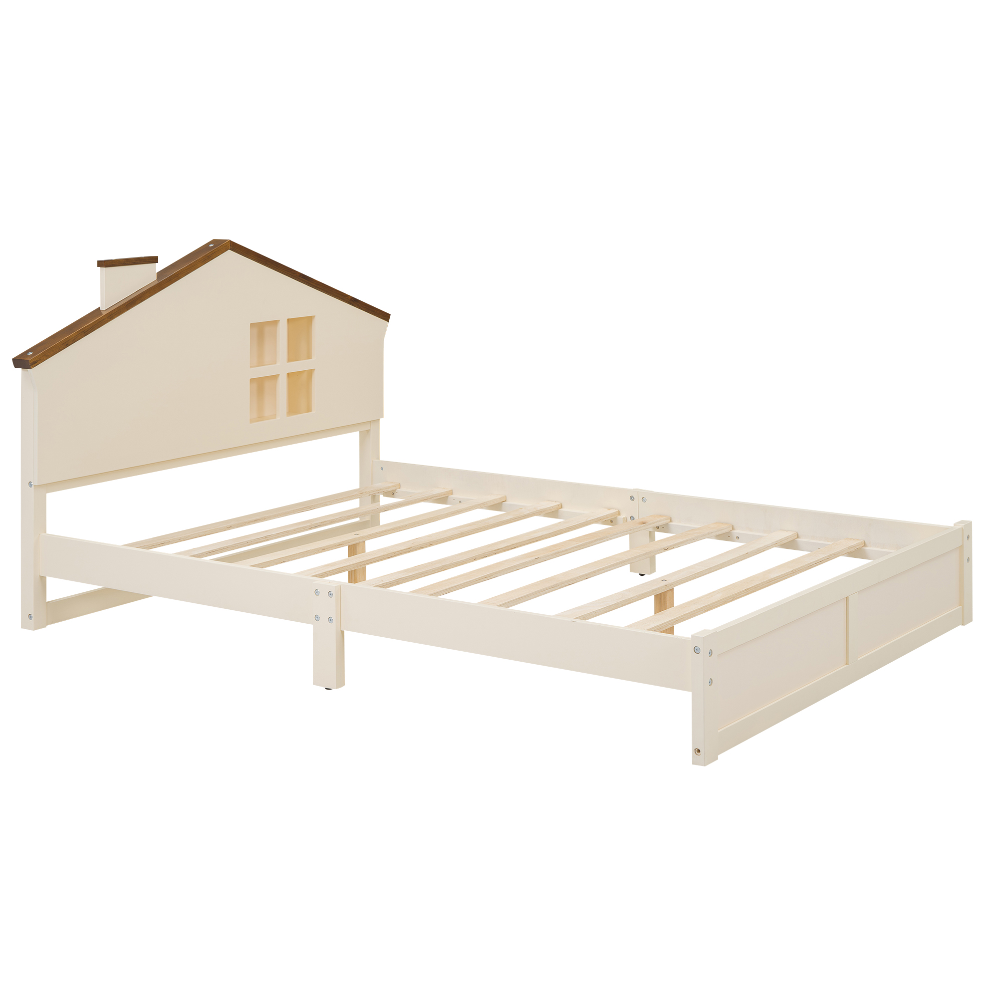 Full/Twin Size Wood Platform Bed with House-shaped Headboard and Built-in LED, Walnut+Milk White/Walnut+White 