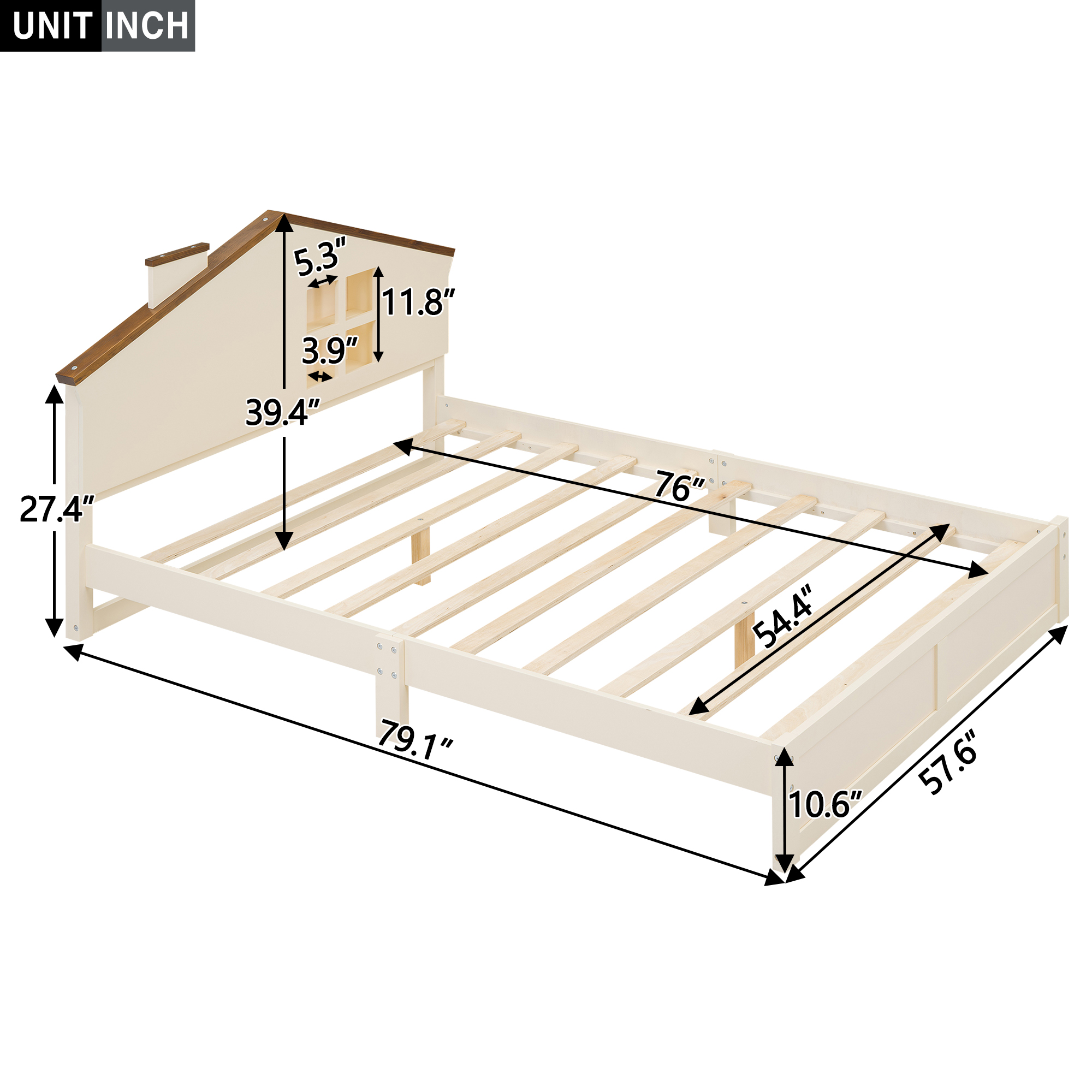 Full/Twin Size Wood Platform Bed with House-shaped Headboard and Built-in LED, Walnut+Milk White/Walnut+White 