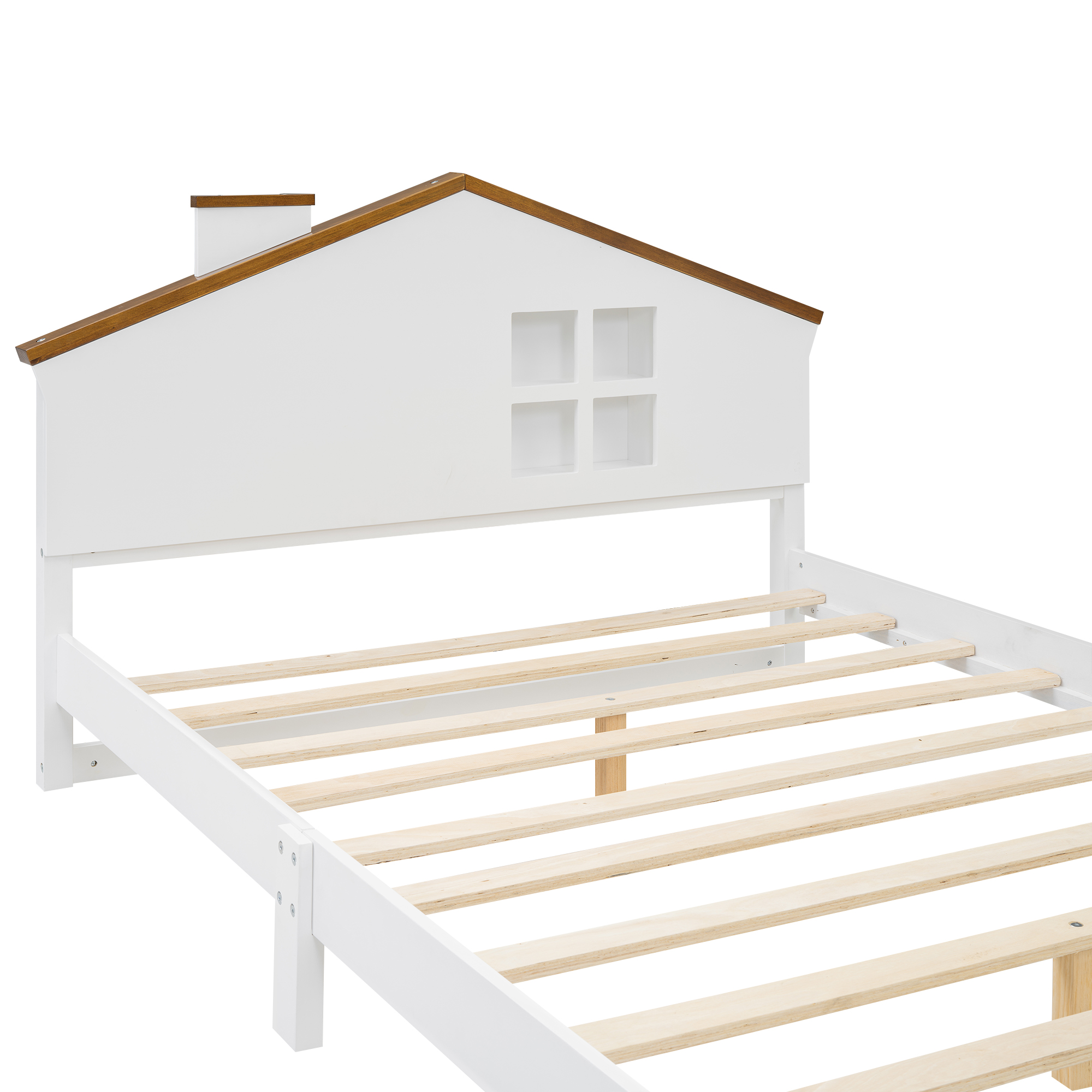 Full/Twin Size Wood Platform Bed with House-shaped Headboard and Built-in LED, Walnut+Milk White/Walnut+White 