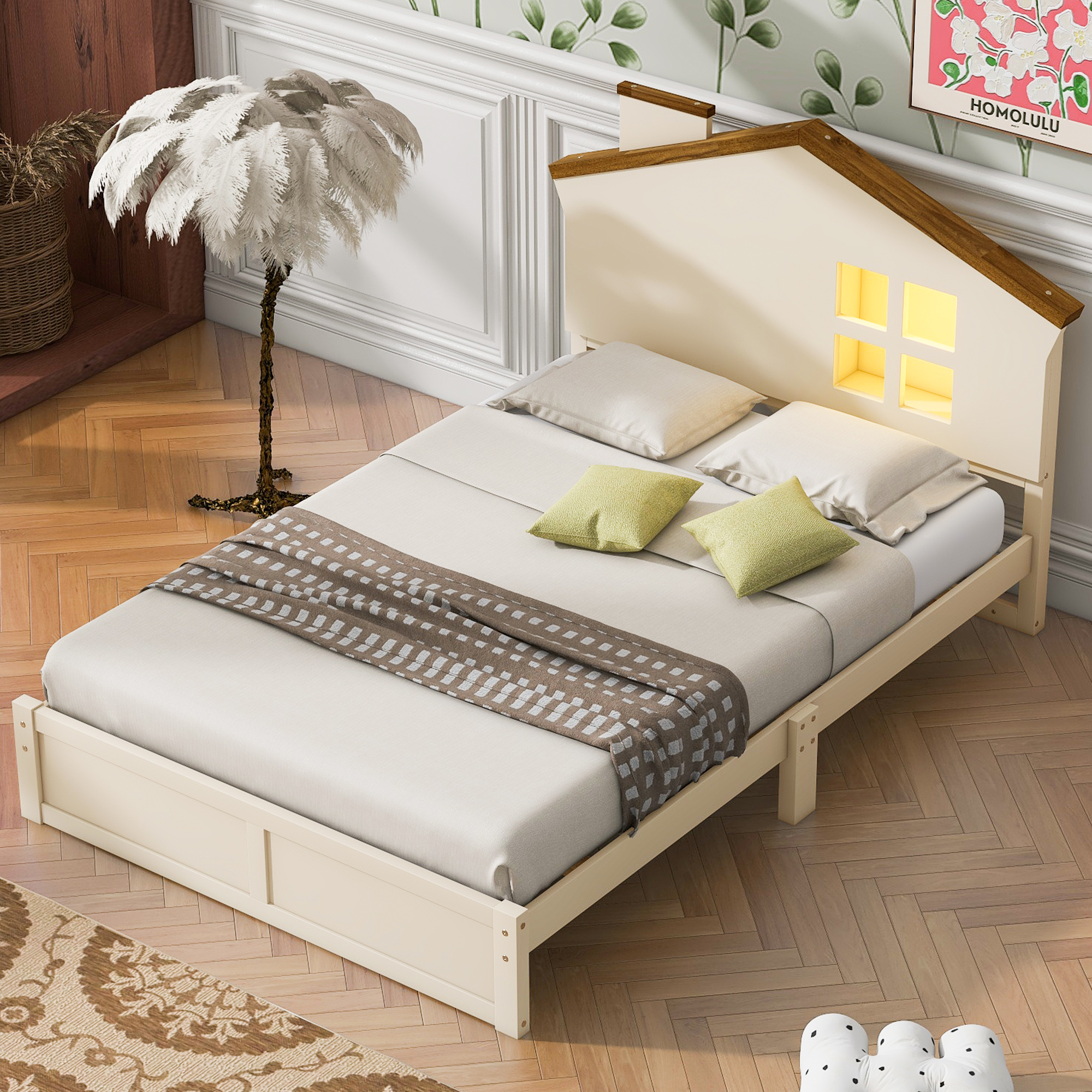 Full/Twin Size Wood Platform Bed with House-shaped Headboard and Built-in LED, Walnut+Milk White/Walnut+White 