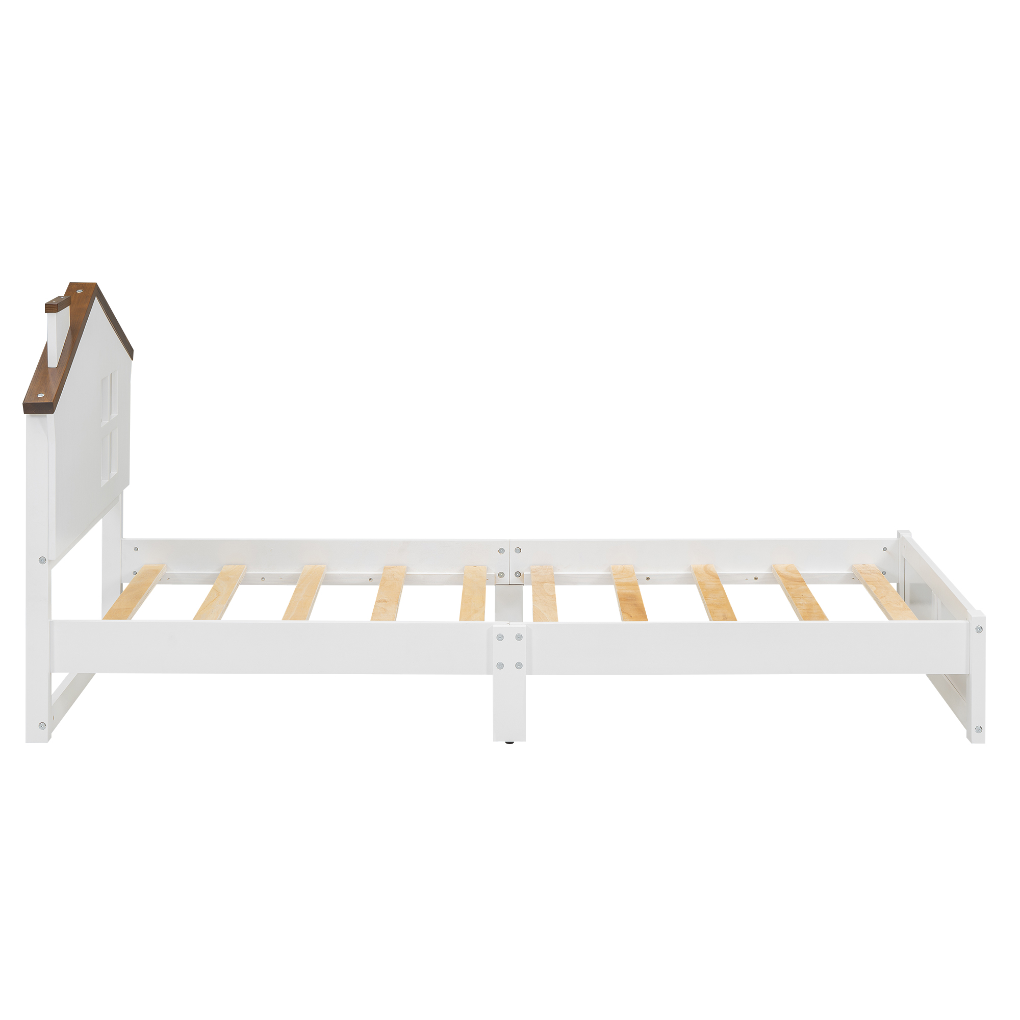Full/Twin Size Wood Platform Bed with House-shaped Headboard and Built-in LED, Walnut+Milk White/Walnut+White 