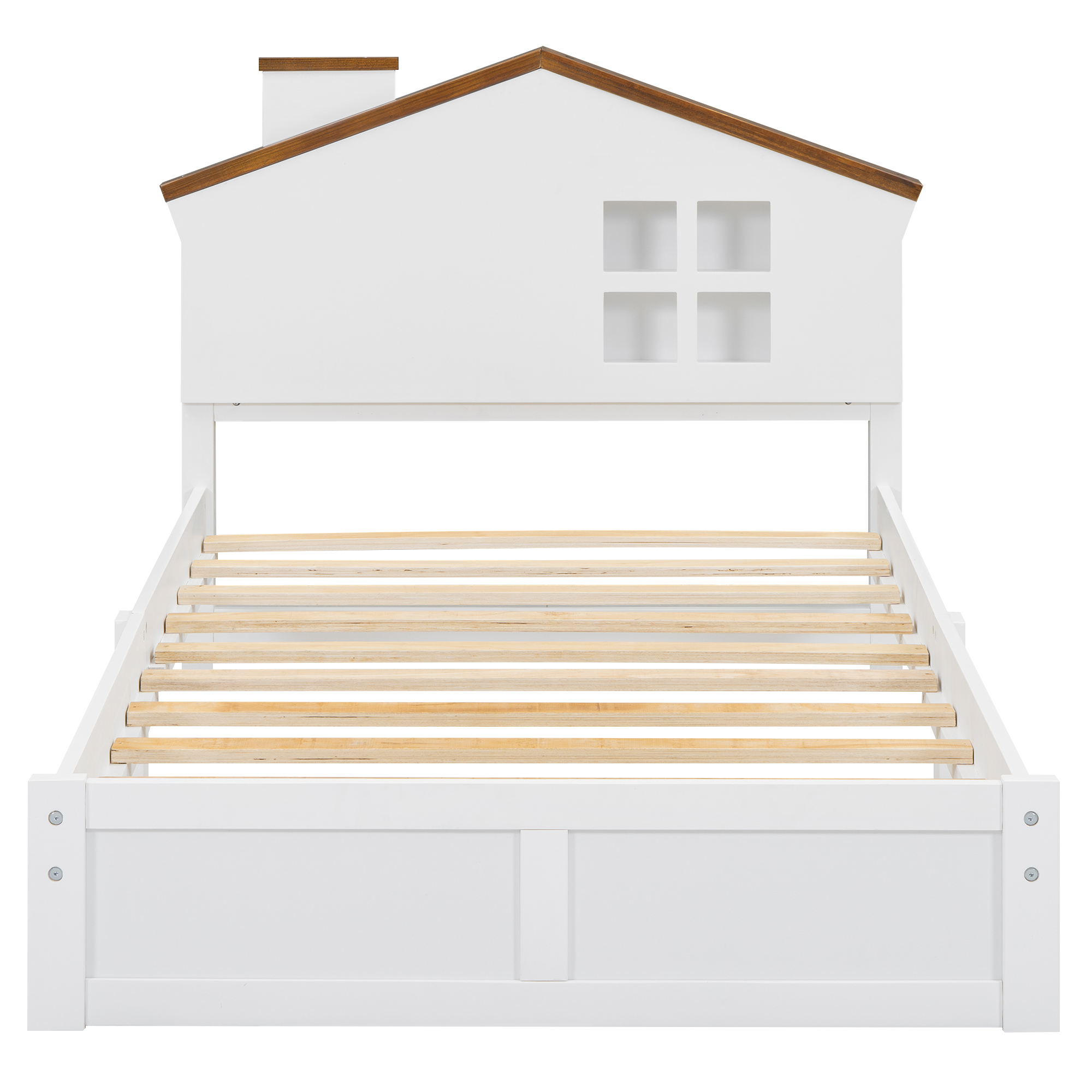 Full/Twin Size Wood Platform Bed with House-shaped Headboard and Built-in LED, Walnut+Milk White/Walnut+White 