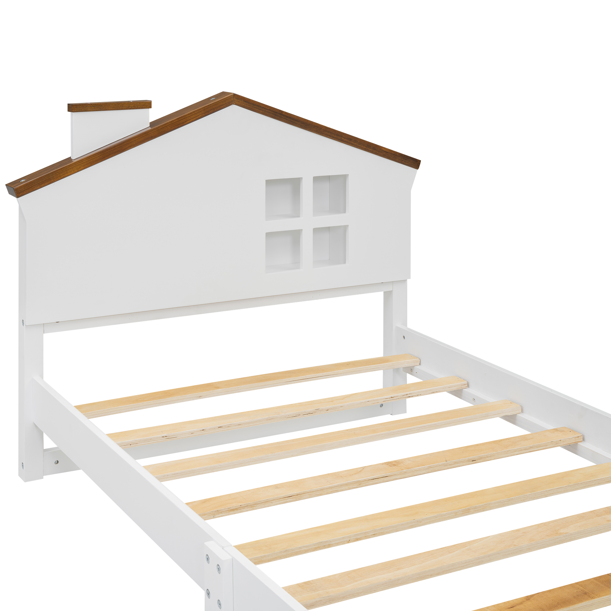 Full/Twin Size Wood Platform Bed with House-shaped Headboard and Built-in LED, Walnut+Milk White/Walnut+White 