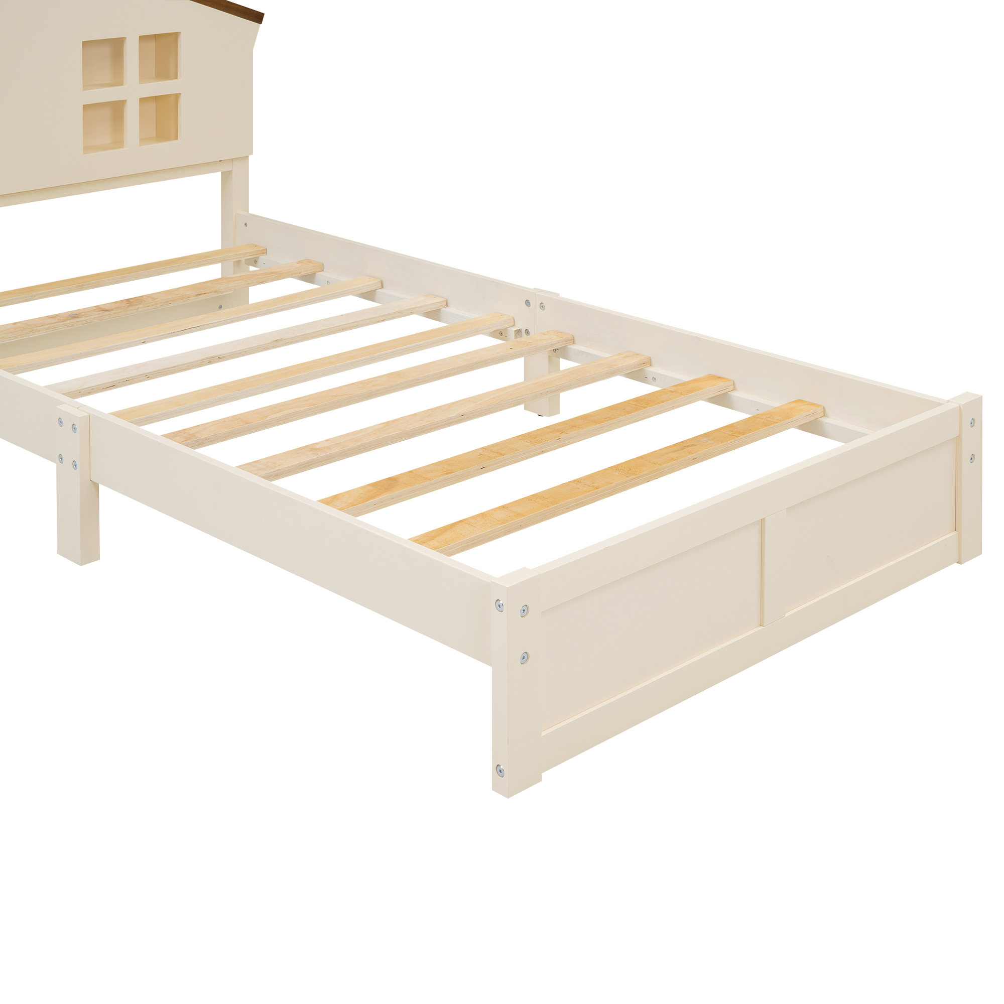 Full/Twin Size Wood Platform Bed with House-shaped Headboard and Built-in LED, Walnut+Milk White/Walnut+White 