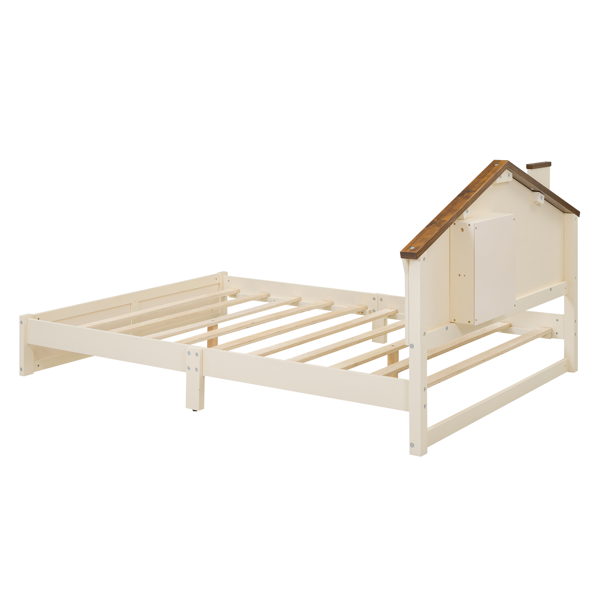 Full/Twin Size Wood Platform Bed with House-shaped Headboard and Built-in LED, Walnut+Milk White/Walnut+White 