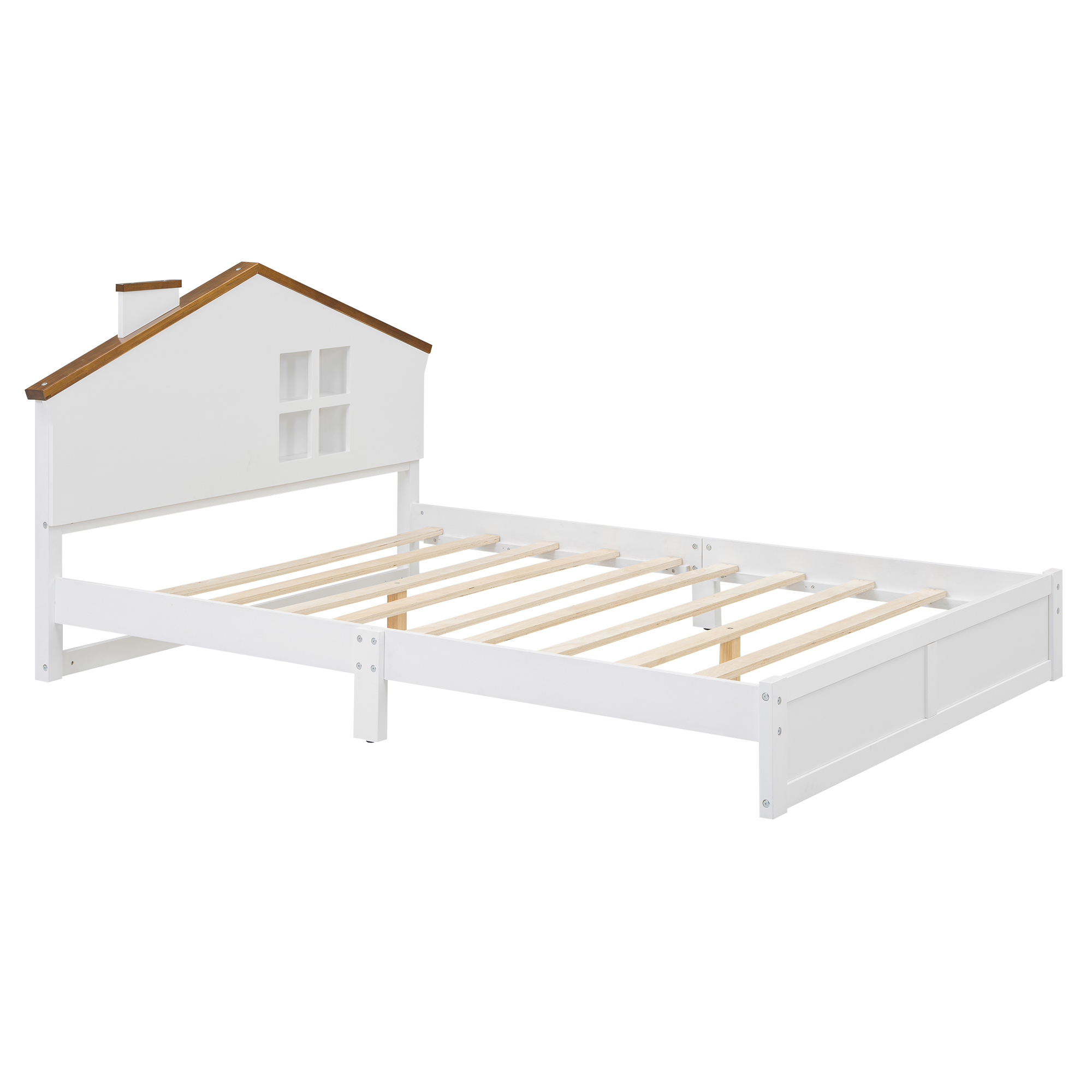 Full/Twin Size Wood Platform Bed with House-shaped Headboard and Built-in LED, Walnut+Milk White/Walnut+White 