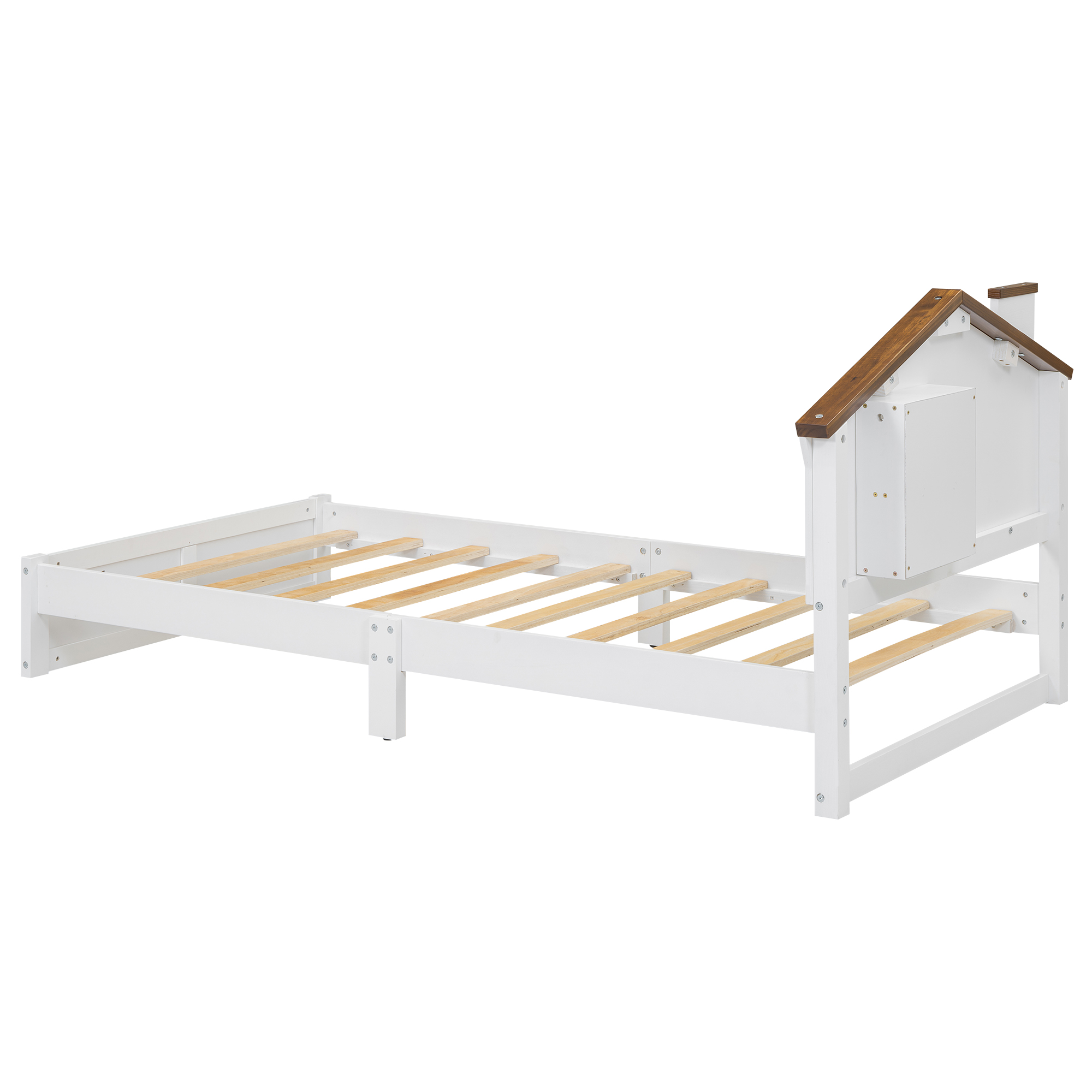 Full/Twin Size Wood Platform Bed with House-shaped Headboard and Built-in LED, Walnut+Milk White/Walnut+White 