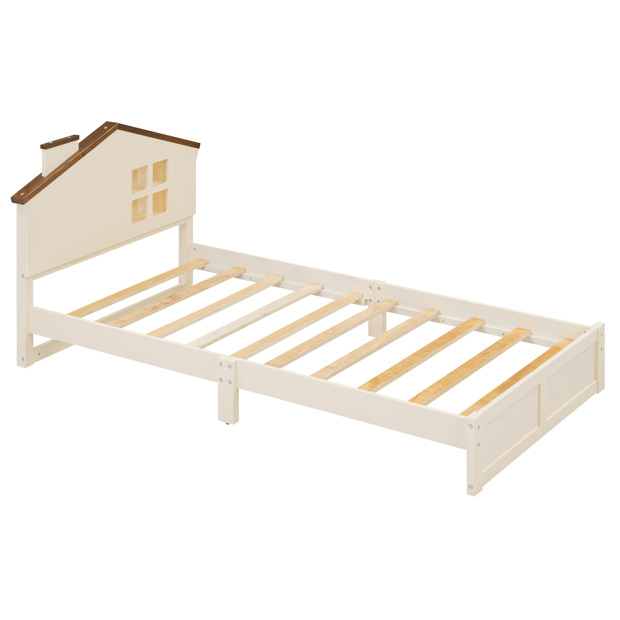 Full/Twin Size Wood Platform Bed with House-shaped Headboard and Built-in LED, Walnut+Milk White/Walnut+White 