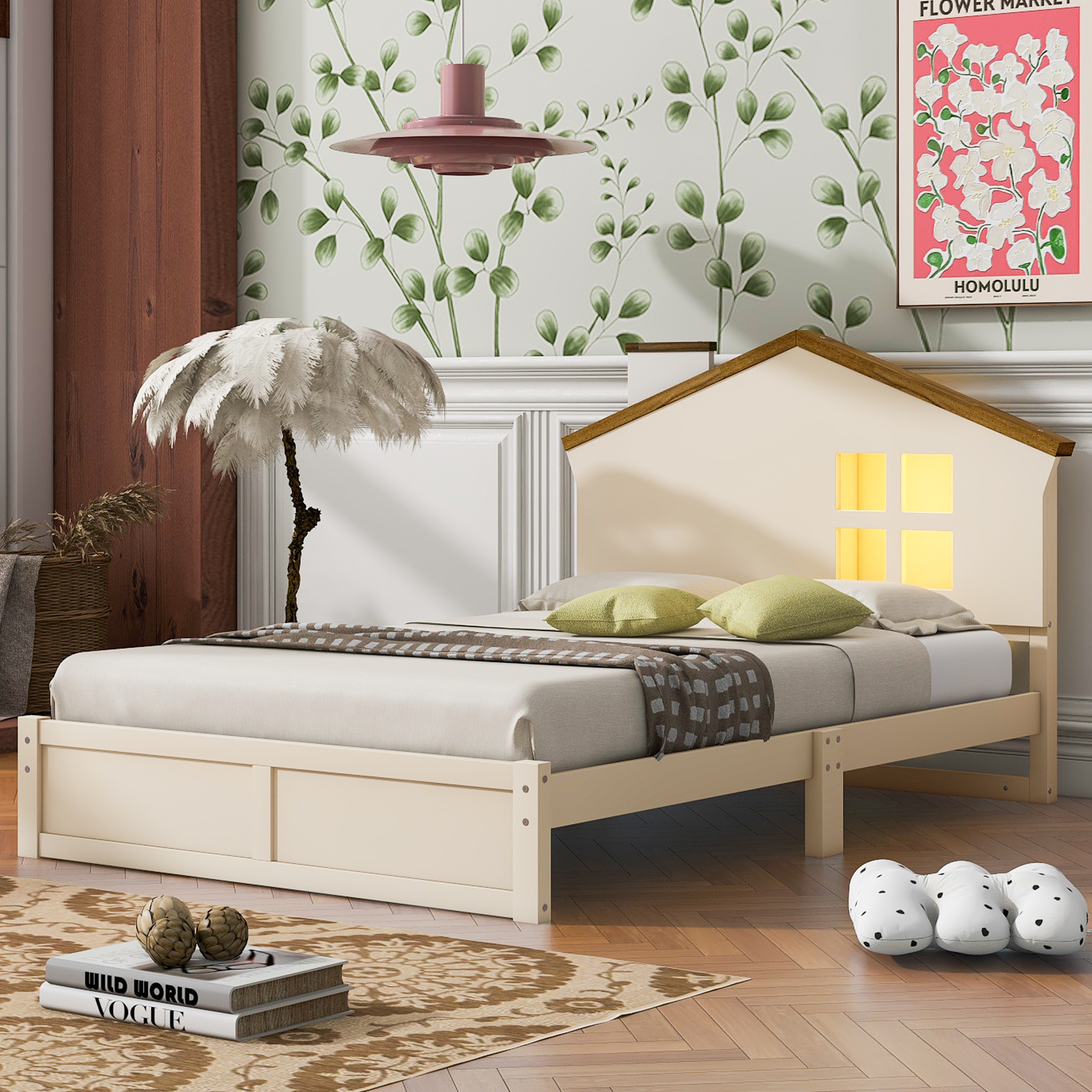 Full/Twin Size Wood Platform Bed with House-shaped Headboard and Built-in LED, Walnut+Milk White/Walnut+White 