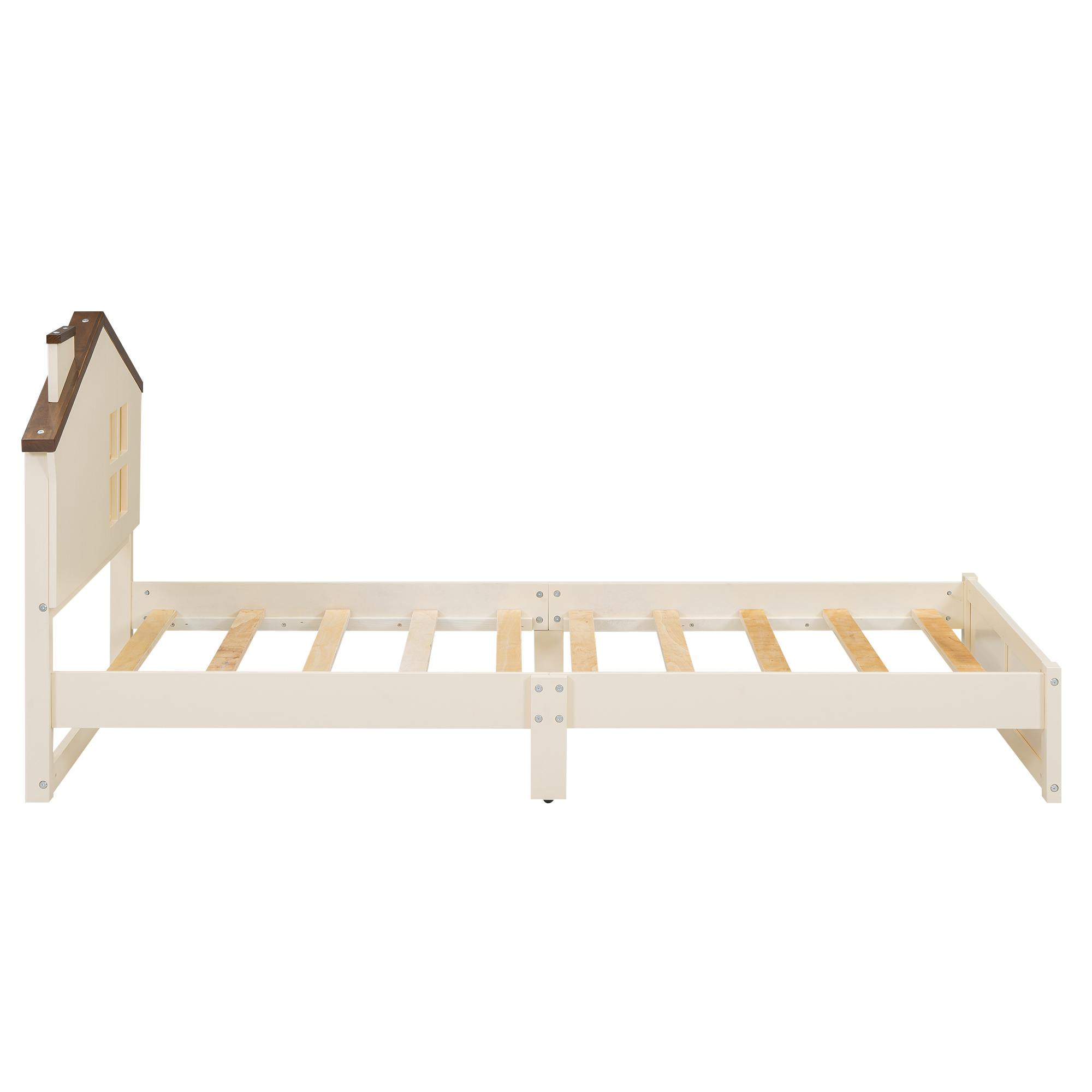 Full/Twin Size Wood Platform Bed with House-shaped Headboard and Built-in LED, Walnut+Milk White/Walnut+White 