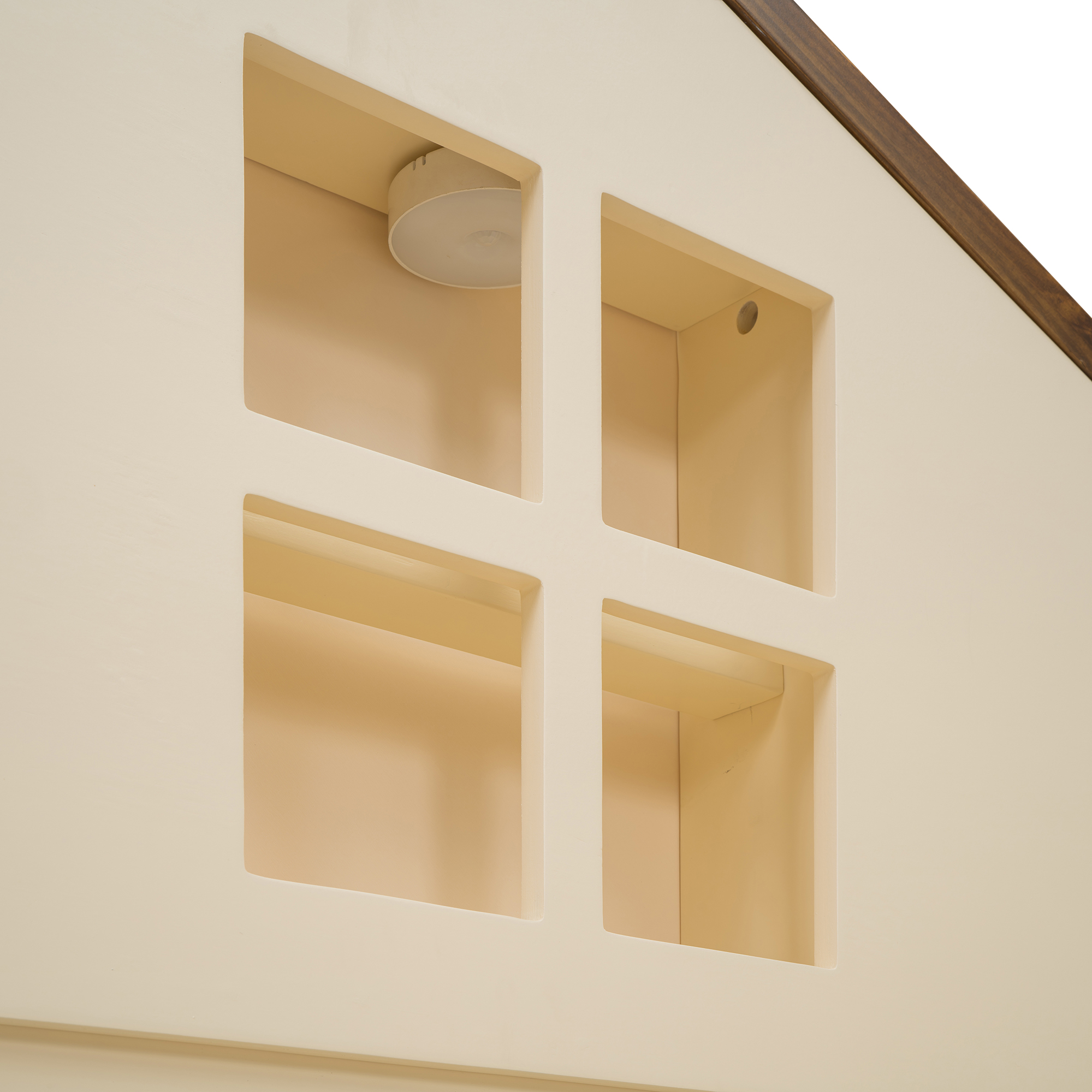 Full/Twin Size Wood Platform Bed with House-shaped Headboard and Built-in LED, Walnut+Milk White/Walnut+White 