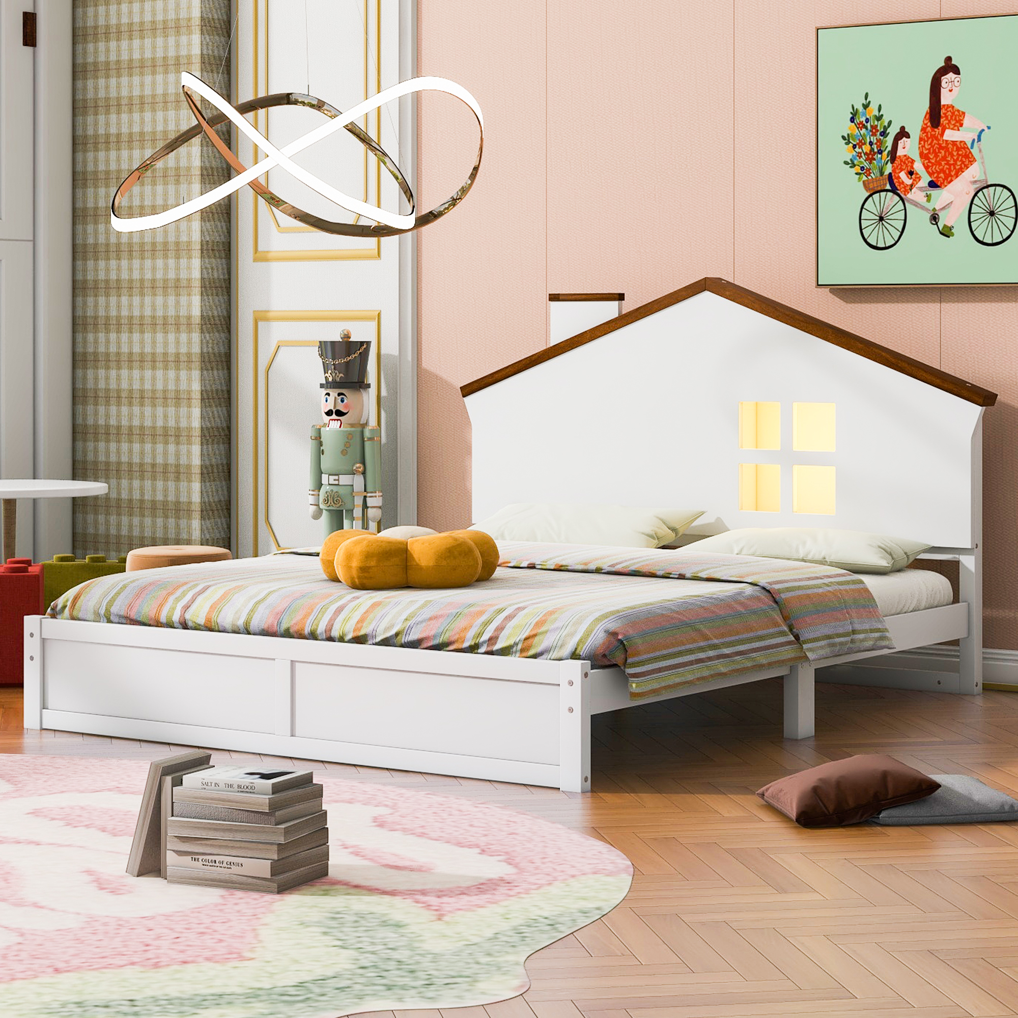 Full/Twin Size Wood Platform Bed with House-shaped Headboard and Built-in LED, Walnut+Milk White/Walnut+White 