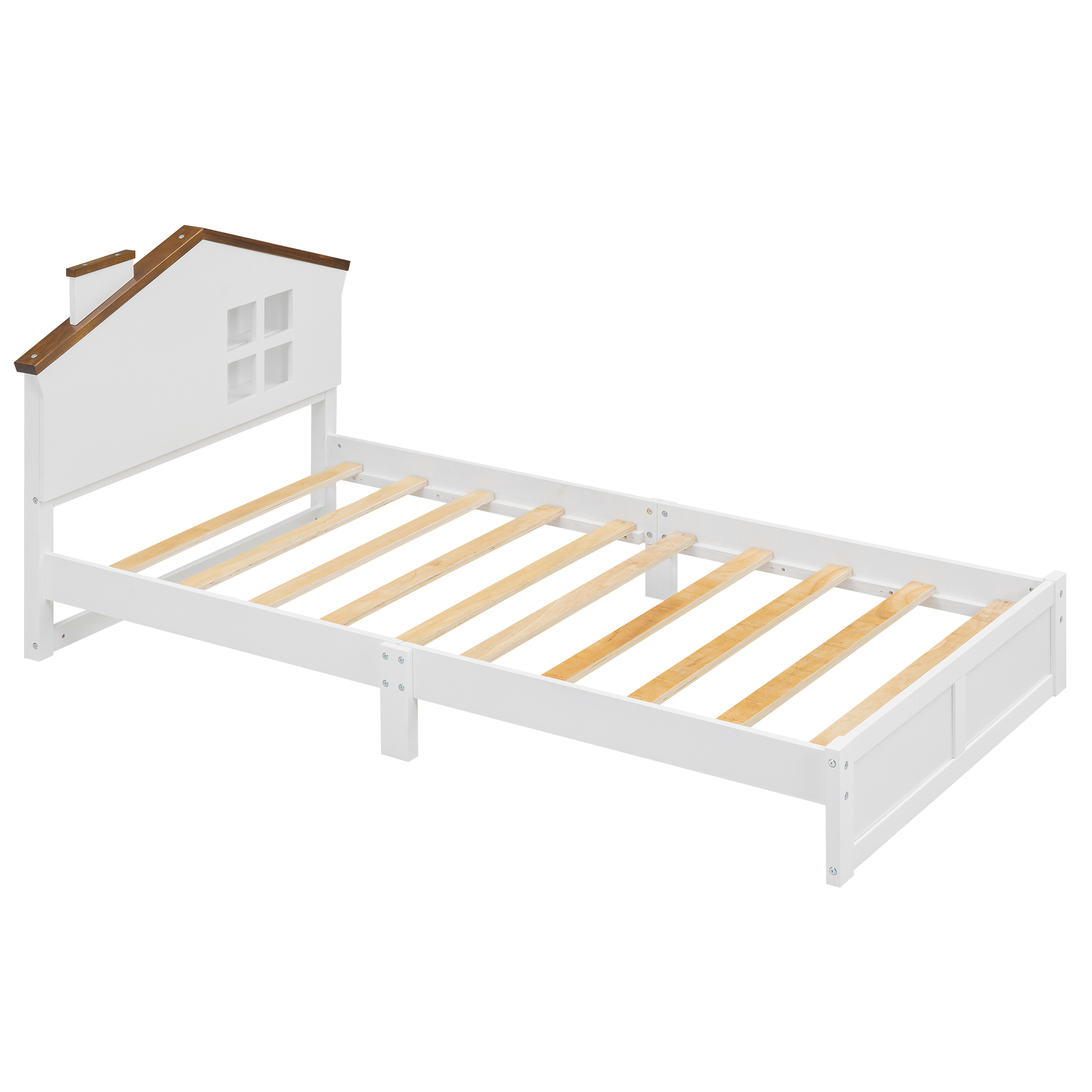 Full/Twin Size Wood Platform Bed with House-shaped Headboard and Built-in LED, Walnut+Milk White/Walnut+White 