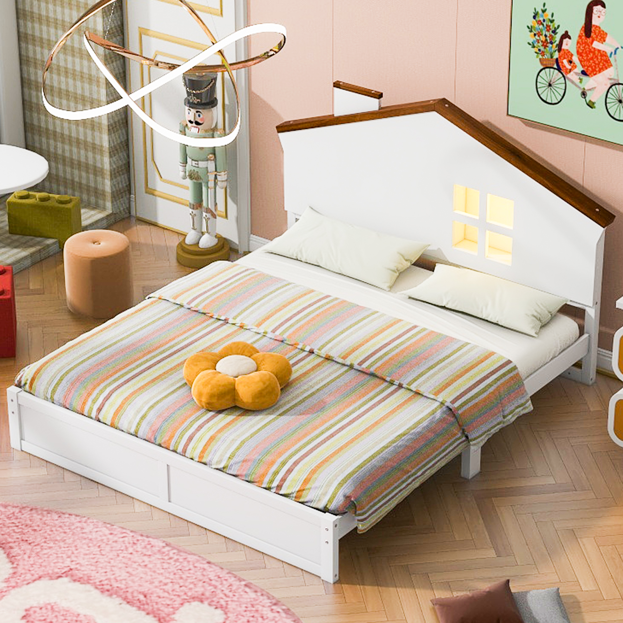 Full/Twin Size Wood Platform Bed with House-shaped Headboard and Built-in LED, Walnut+Milk White/Walnut+White 