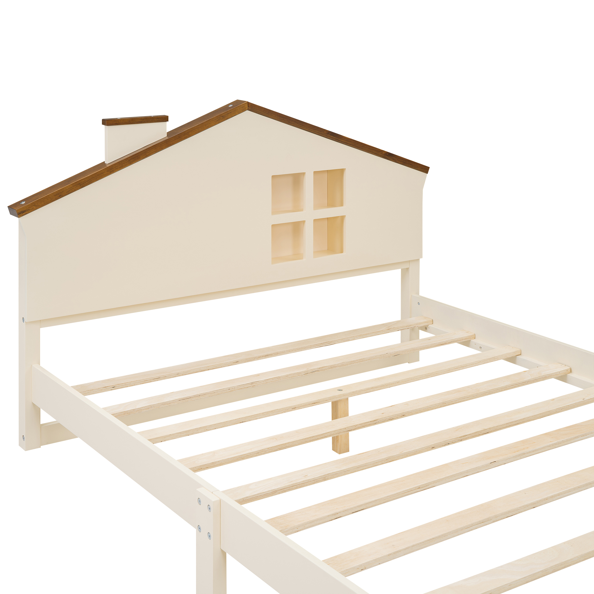 Full/Twin Size Wood Platform Bed with House-shaped Headboard and Built-in LED, Walnut+Milk White/Walnut+White 