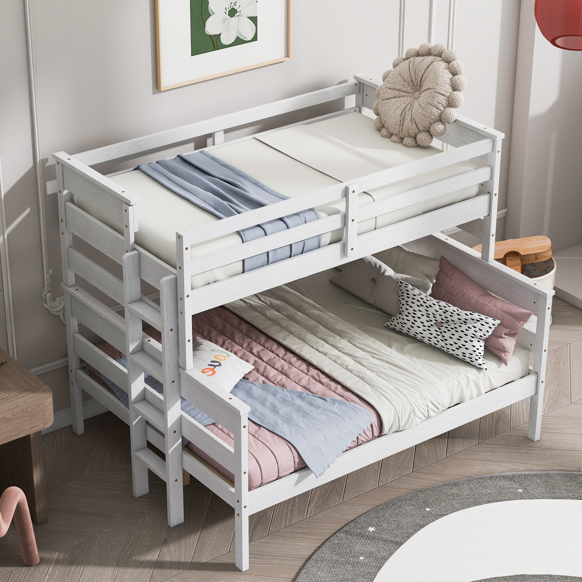 Wood Twin XL over Full/Queen Bunk Bed with Ladder, Gray/White 