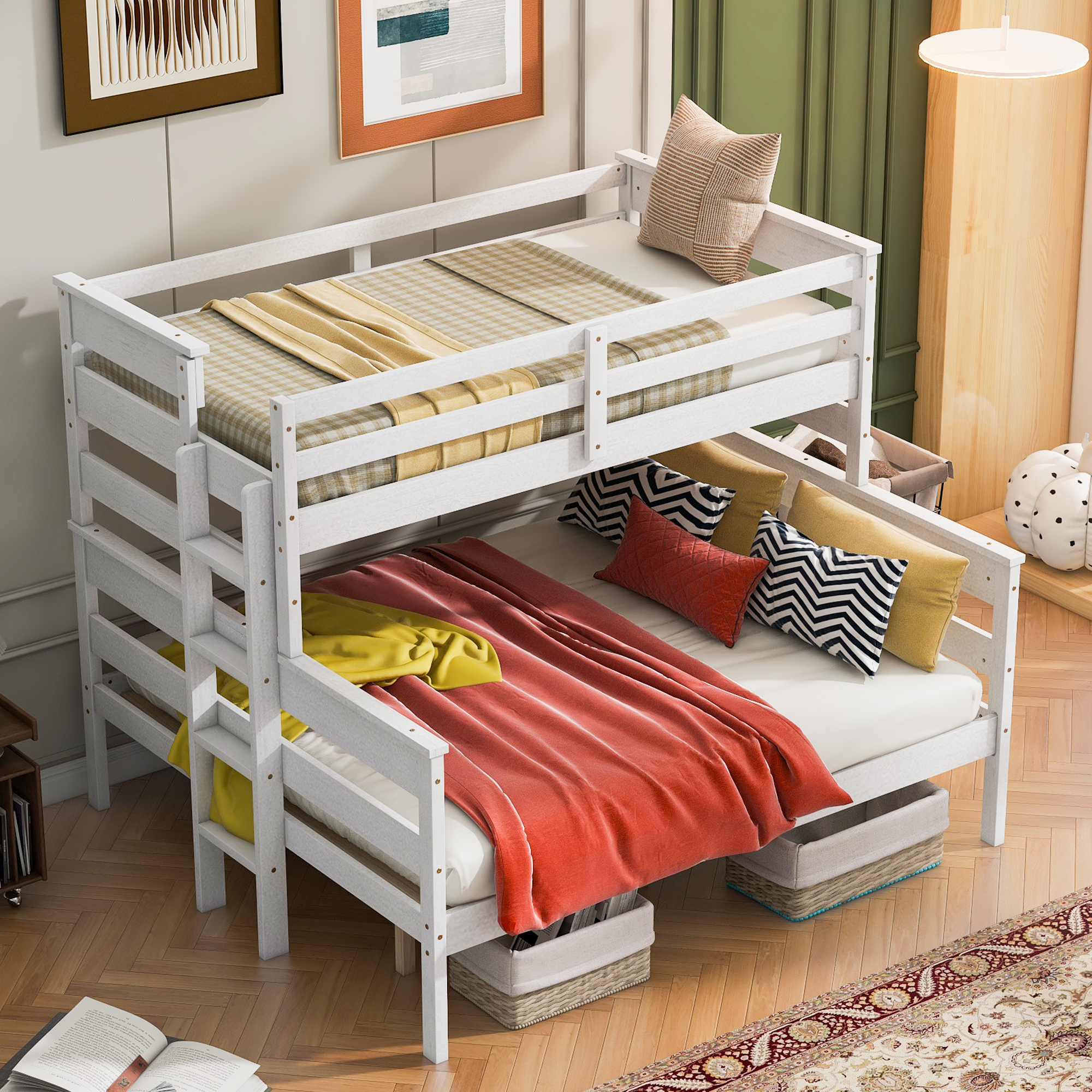 Wood Twin XL over Full/Queen Bunk Bed with Ladder, Gray/White 