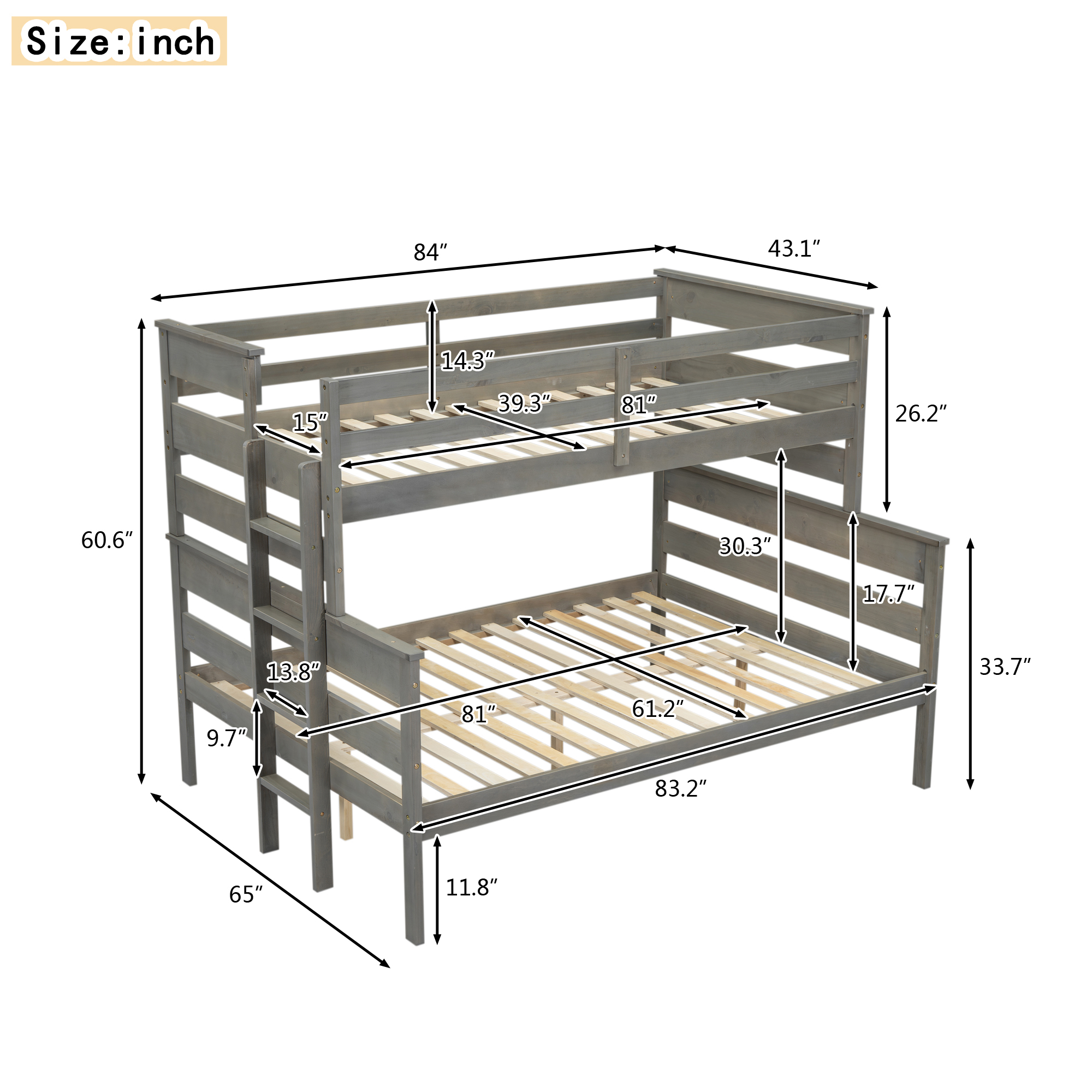 Wood Twin XL over Full/Queen Bunk Bed with Ladder, Gray/White 