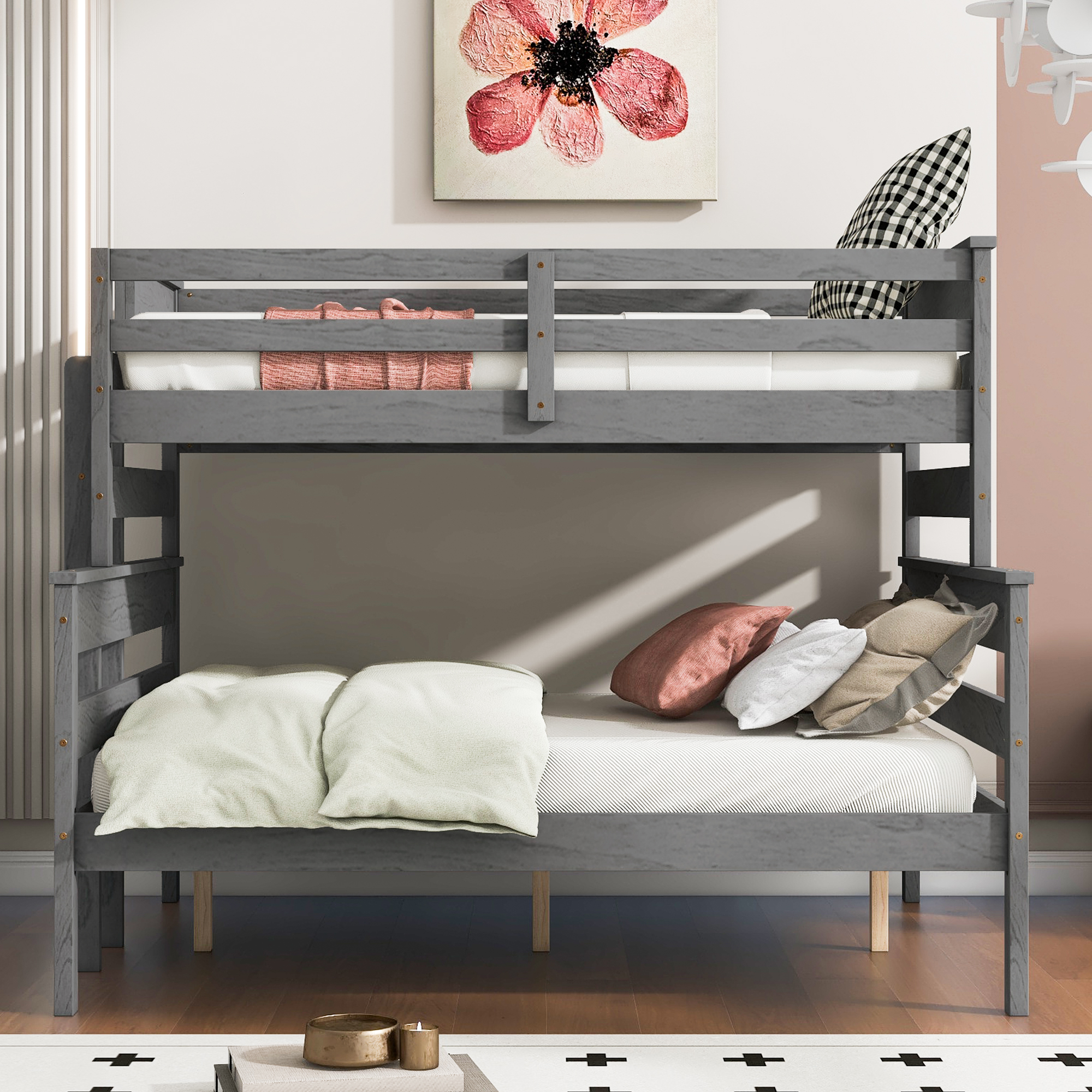 Wood Twin XL over Full/Queen Bunk Bed with Ladder, Gray/White 